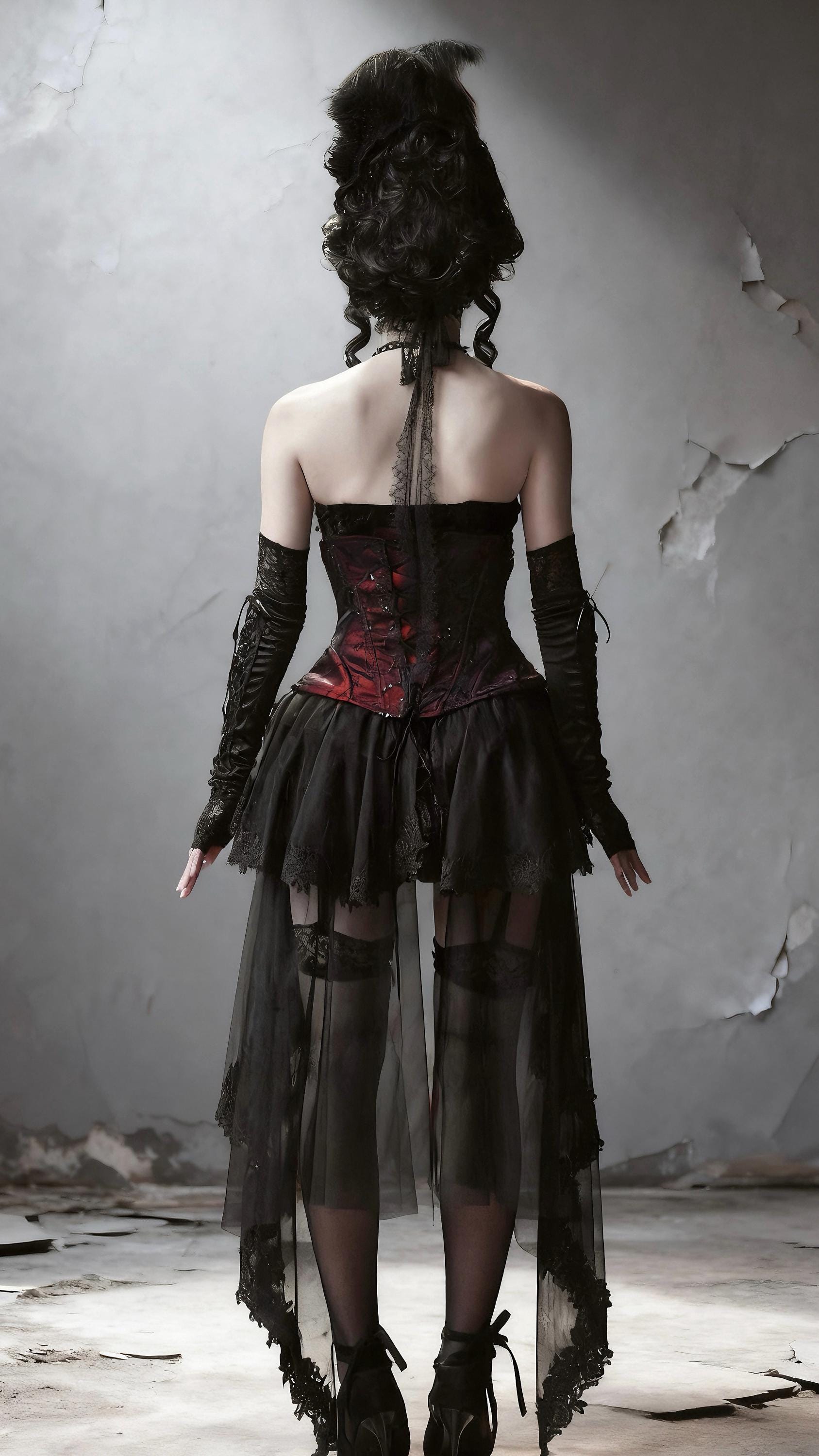 vampire corset dress back view silhouette mesh skirt detail