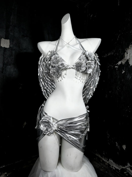 Chrome Angel Silver Rave Bikini Set with Wings, Futuristic Cyber Angel Festival Rave Outfit, 3 Piece Set, Fairy Cosplay Costume,  Ravewear.
