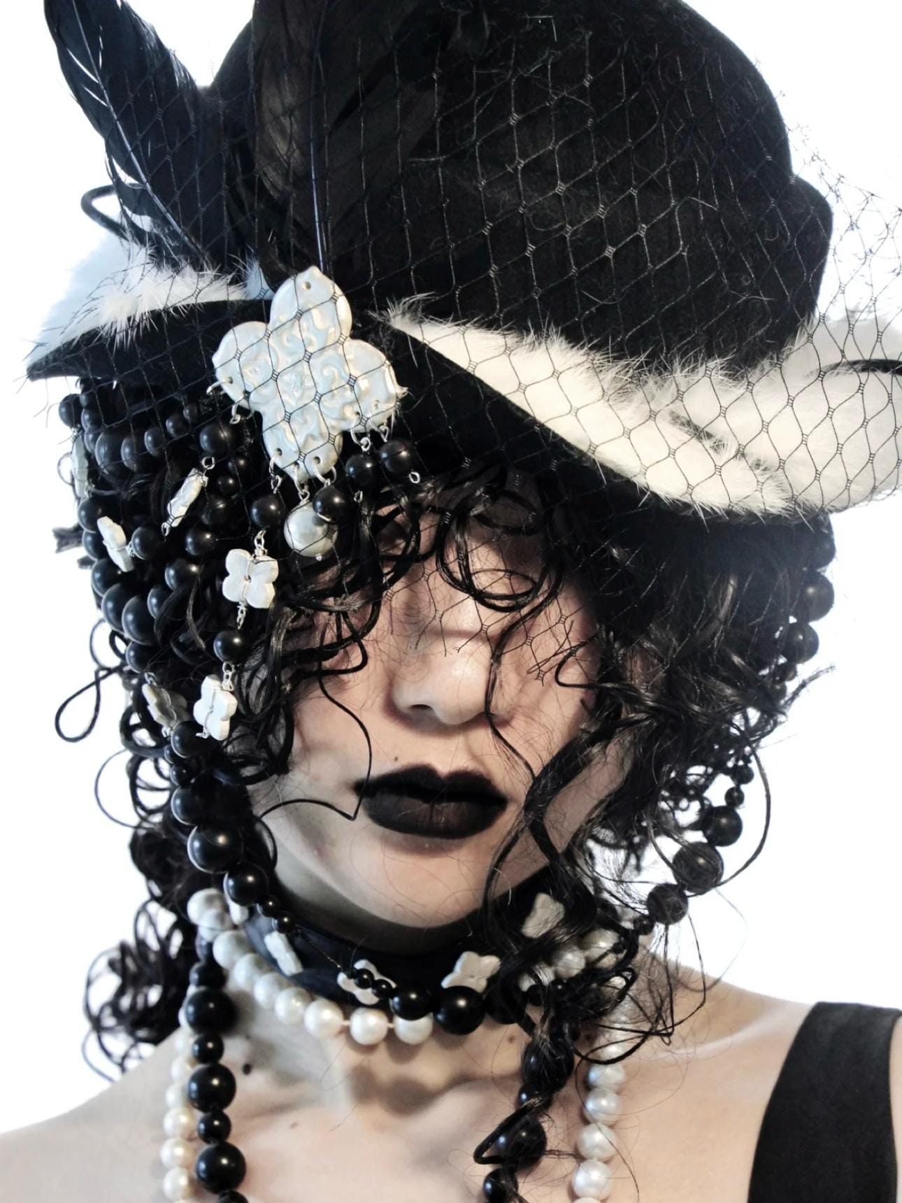 Gothic Wool Veil Hat Fascinator, Ceramic Flower, Feathers, Beaded Drape, Chrisman Victorian Dark Couture, Gift for her