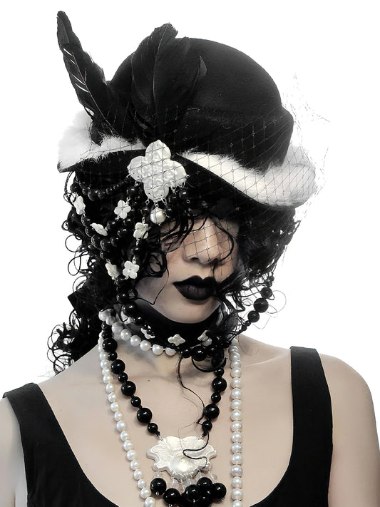 Gothic Wool Veil Hat Fascinator, Ceramic Flower, Feathers, Beaded Drape, Chrisman Victorian Dark Couture, Gift for her