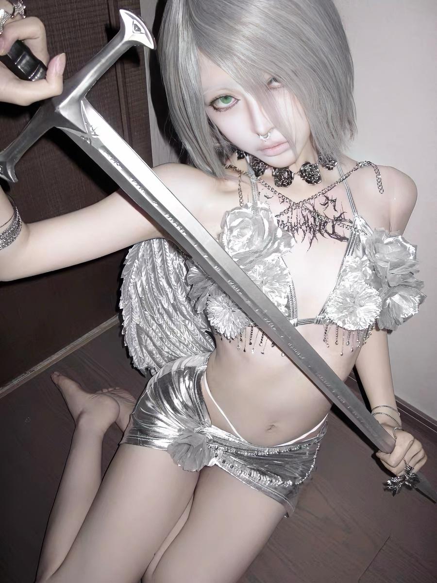 Chrome Angel Silver Rave Bikini Set with Wings, Futuristic Cyber Angel Festival Rave Outfit, 3 Piece Set, Fairy Cosplay Costume,  Ravewear.