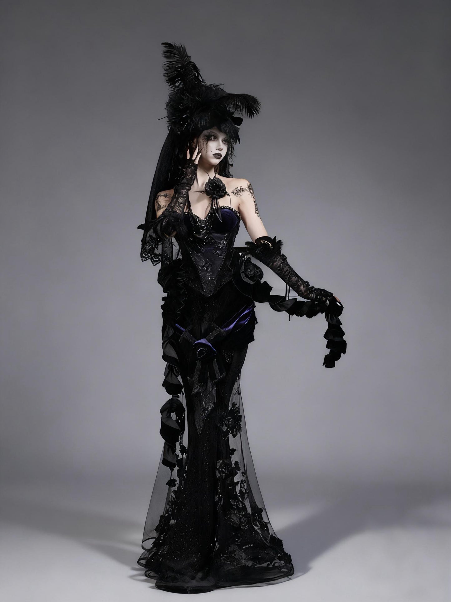 purple gothic corset dress full body model black velvet lace gown