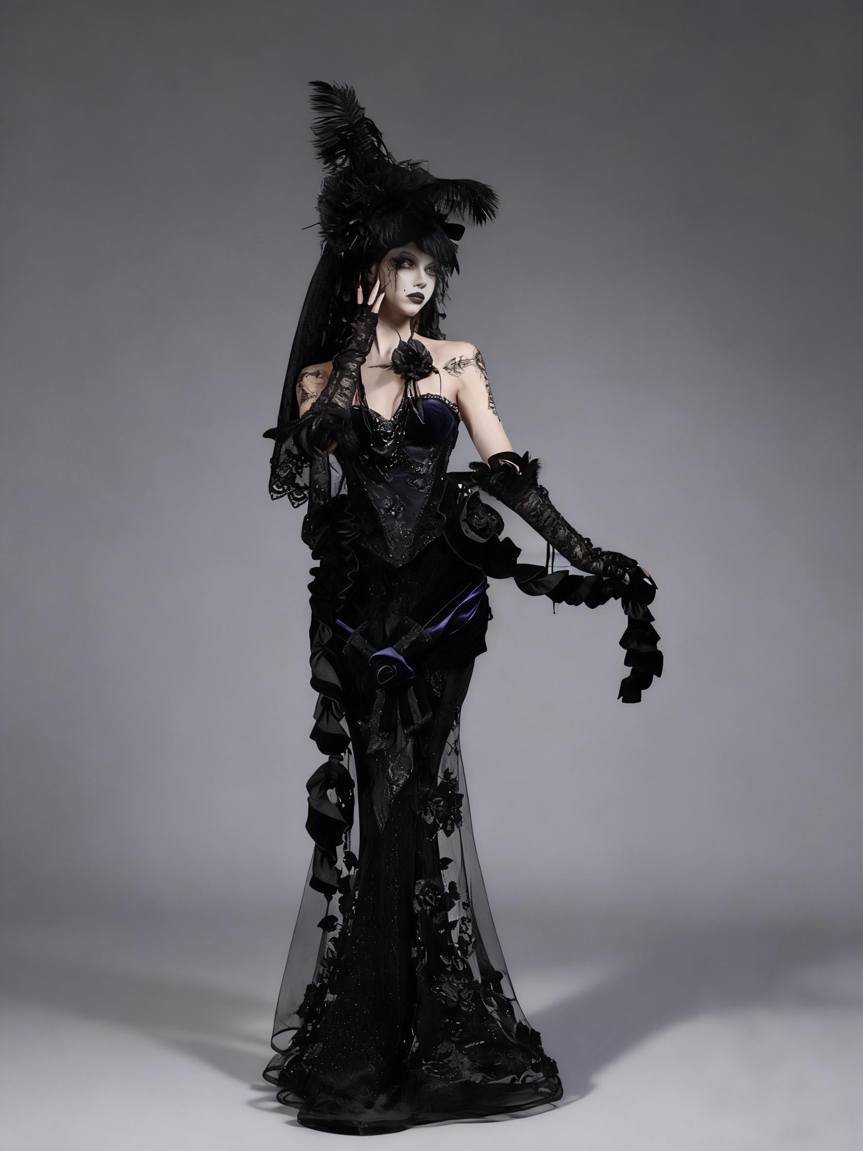 purple gothic corset dress full body model black velvet lace gown