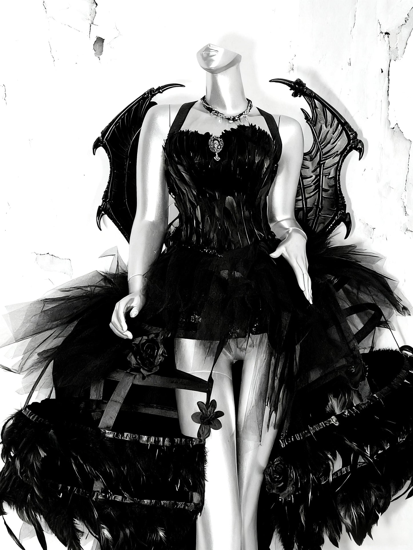 Dark Gothic Rave Festival Outfit, Black Feather Corset Gown with Dragon Wings, Fantasy Cage Skirt Dress for Halloween & Shows, Cosplay