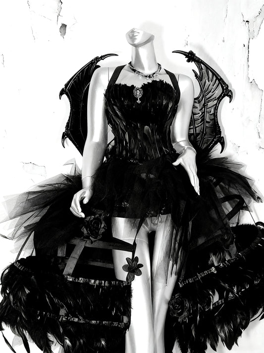 Dark Gothic Rave Festival Outfit, Black Feather Corset Gown with Dragon Wings, Fantasy Cage Skirt Dress for Halloween & Shows, Cosplay