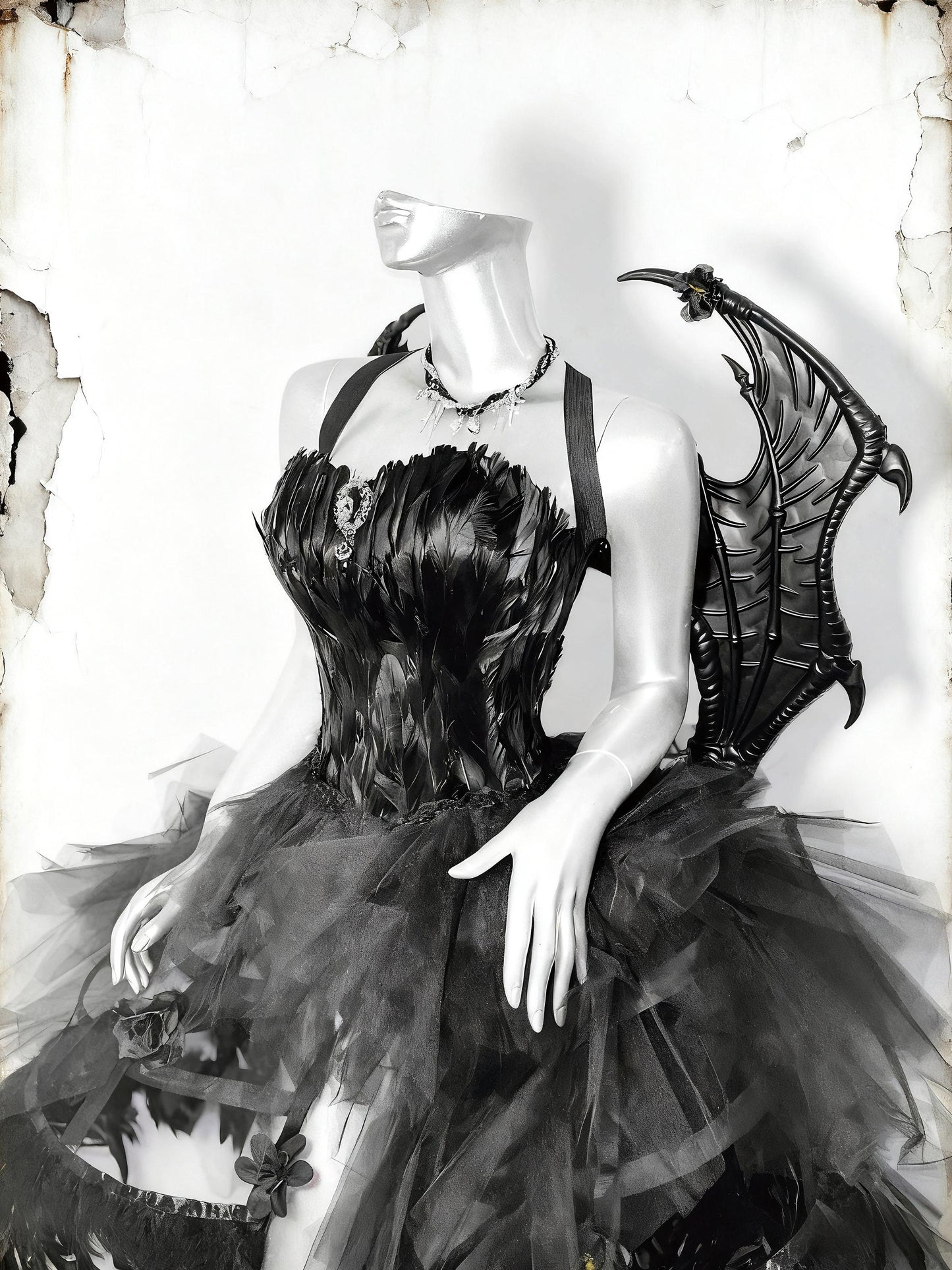 Dark Gothic Rave Festival Outfit, Black Feather Corset Gown with Dragon Wings, Fantasy Cage Skirt Dress for Halloween & Shows, Cosplay