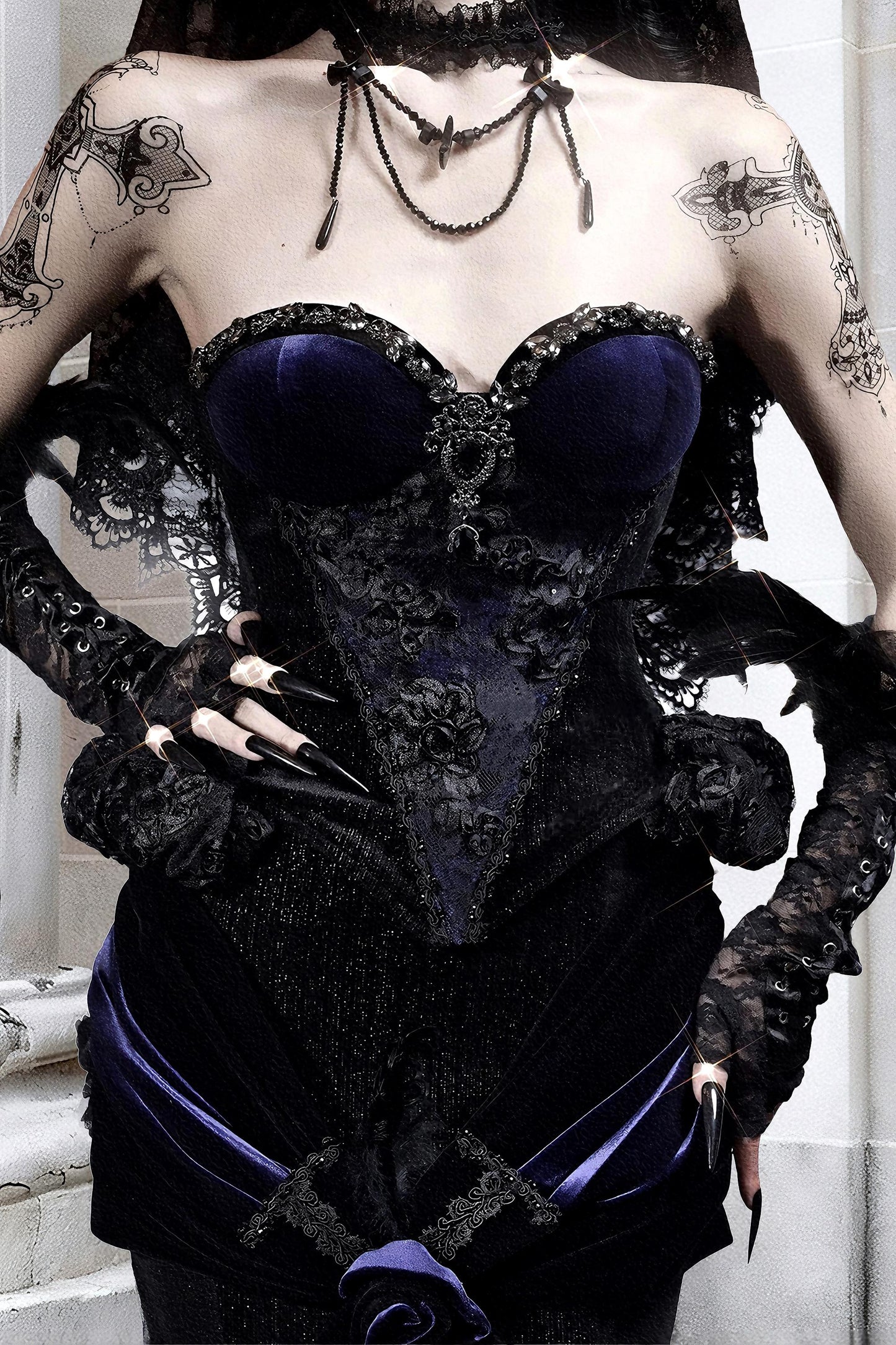 purple gothic corset dress model standing dark romantic styling