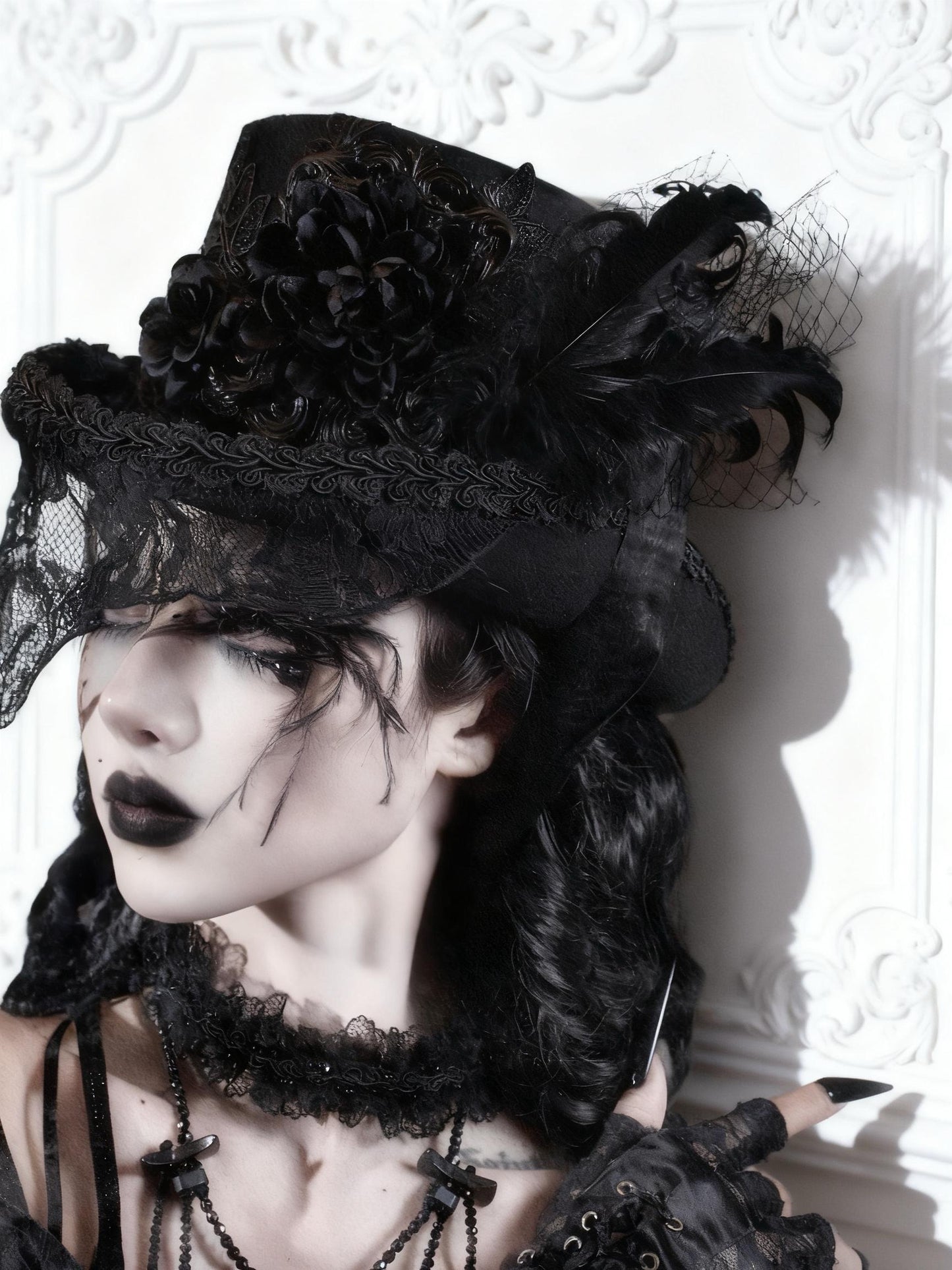 Victorian Gothic Wool Lace Top Hat, Victorian Steampunk Duke Hat with Embroidered Flowers & Feathers, Winter Gothic Costume Accessory