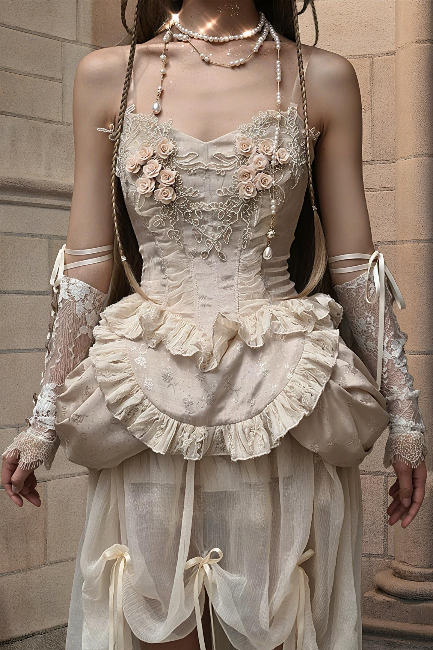 Rococo Blush Garden Corset | 3D Rose Lace Bodice, Fairycore Apron Peplum, Bridal fantasy themes, Xmas & New Year Outfit, Baroque Party Dress