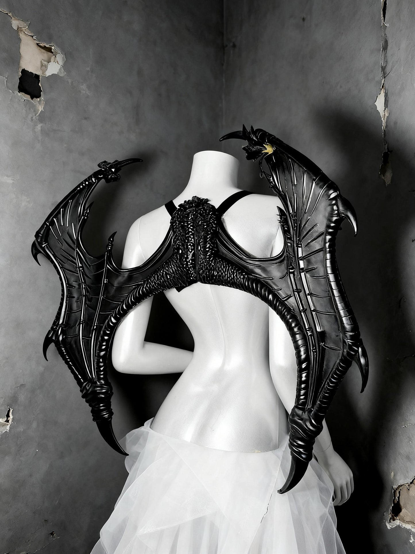 Dark Gothic Rave Festival Outfit, Black Feather Corset Gown with Dragon Wings, Fantasy Cage Skirt Dress for Halloween & Shows, Cosplay