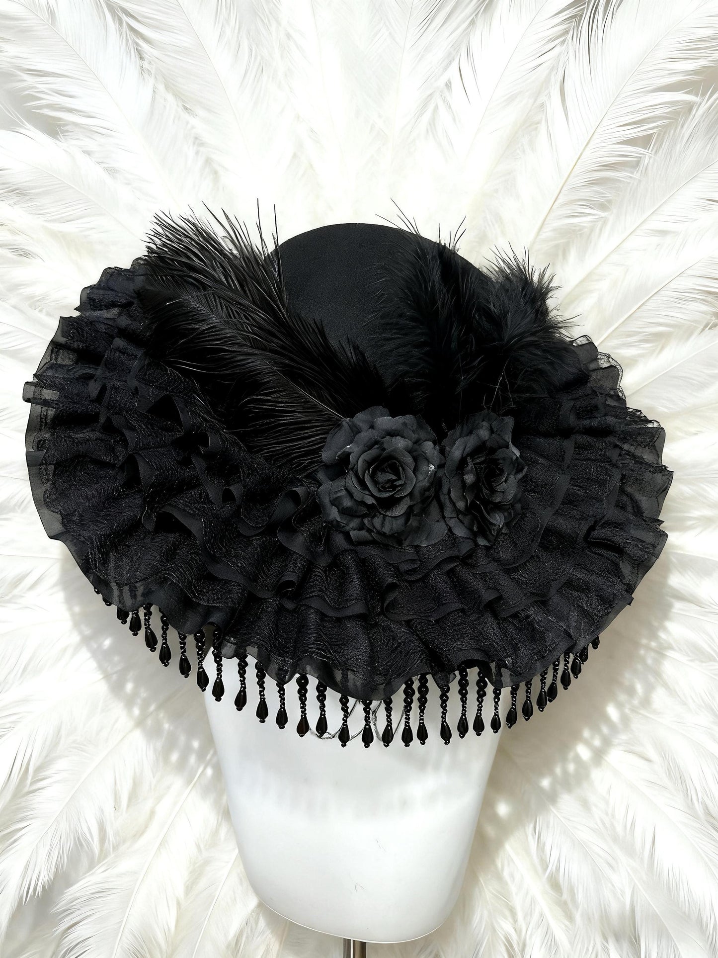The Mourning Duchess – Gothic Black Lace Hat with Feathers and Roses, Victorian Baroque Ruffle Bonnet, Gift for Cosplayer