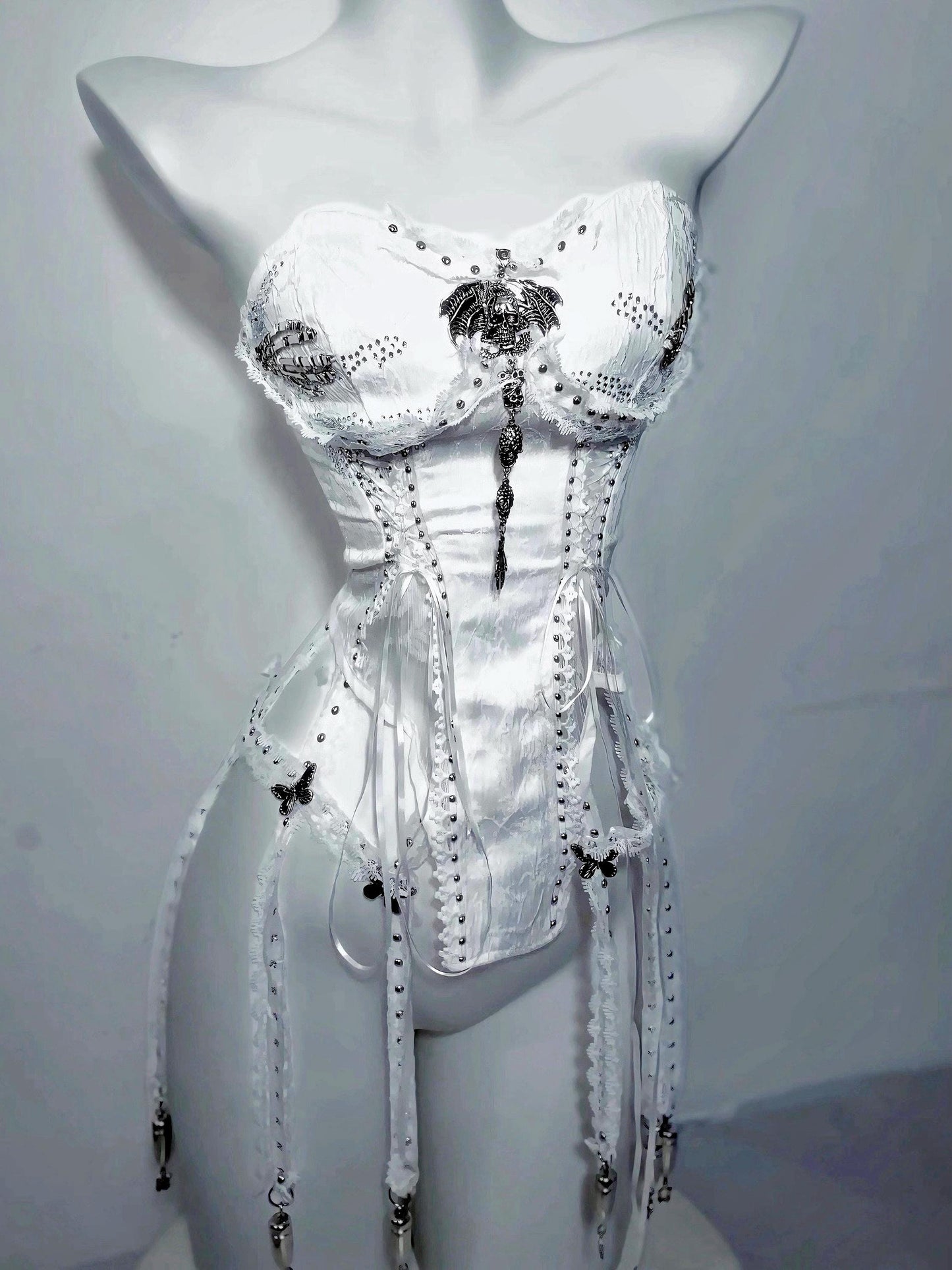 gothic bridal corset white lace bustier front view structured corset