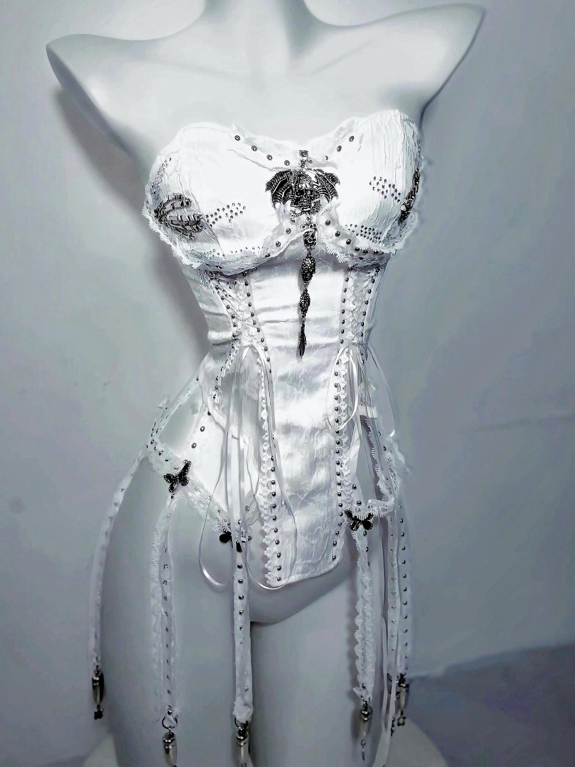 gothic bridal corset white lace bustier front view structured corset
