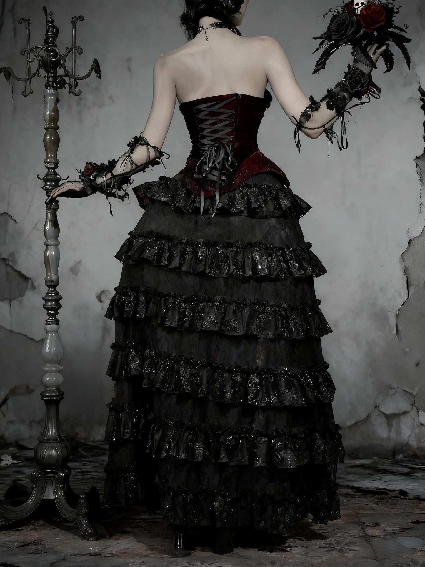 gothic velvet corset dress full body model black layered gothic gown
