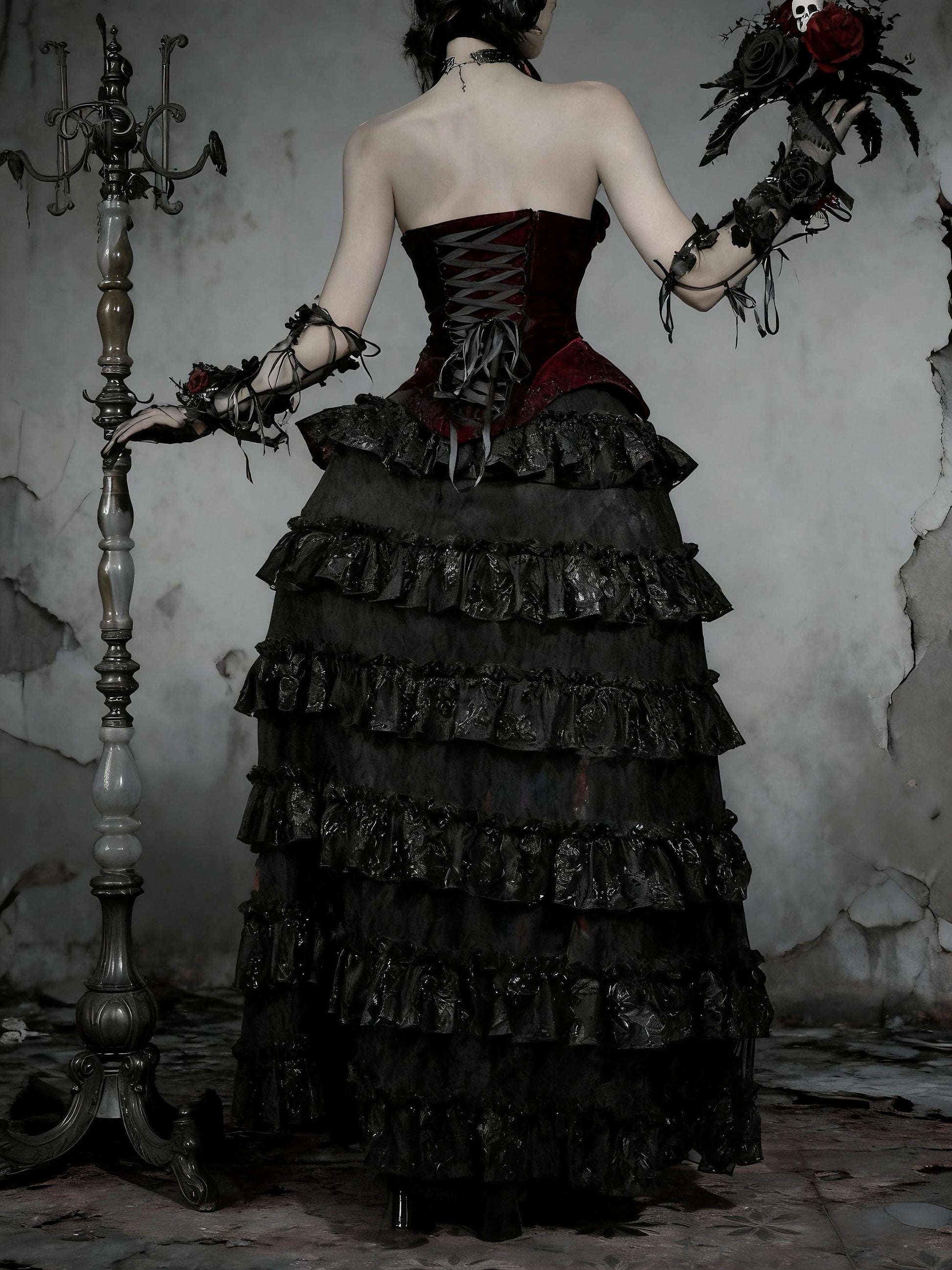 gothic velvet corset dress full body model black layered gothic gown