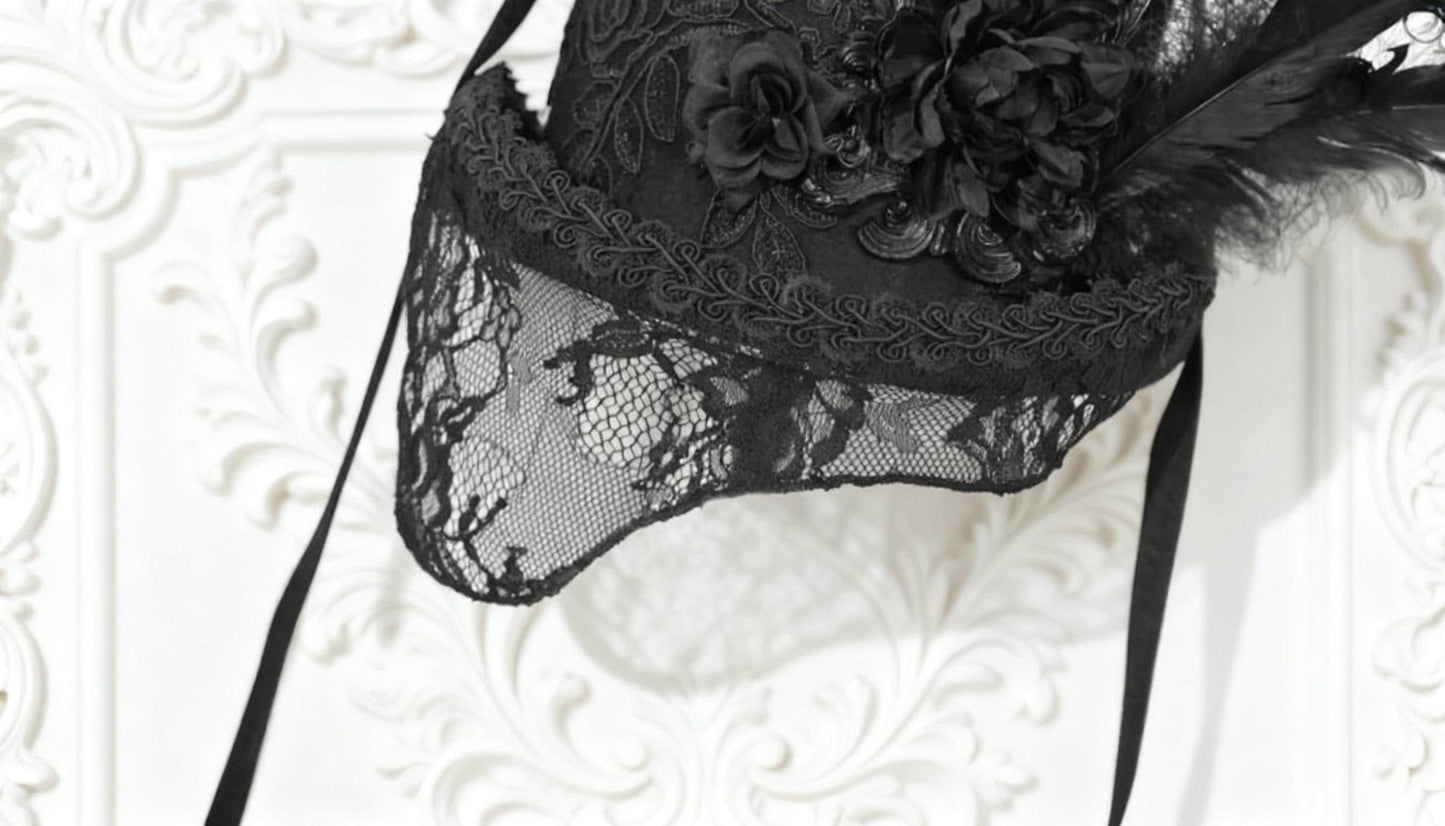 Victorian Gothic Wool Lace Top Hat, Victorian Steampunk Duke Hat with Embroidered Flowers & Feathers, Winter Gothic Costume Accessory
