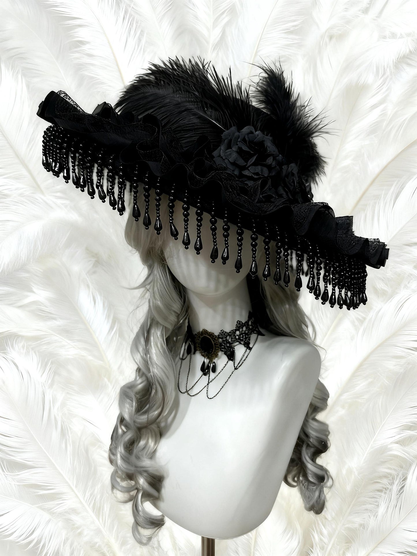 The Mourning Duchess – Gothic Black Lace Hat with Feathers and Roses, Victorian Baroque Ruffle Bonnet, Gift for Cosplayer