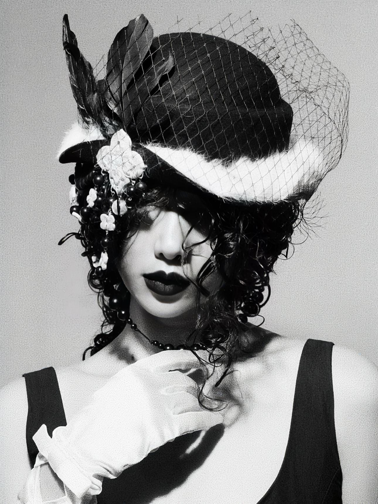 Gothic Wool Veil Hat Fascinator, Ceramic Flower, Feathers, Beaded Drape, Chrisman Victorian Dark Couture, Gift for her