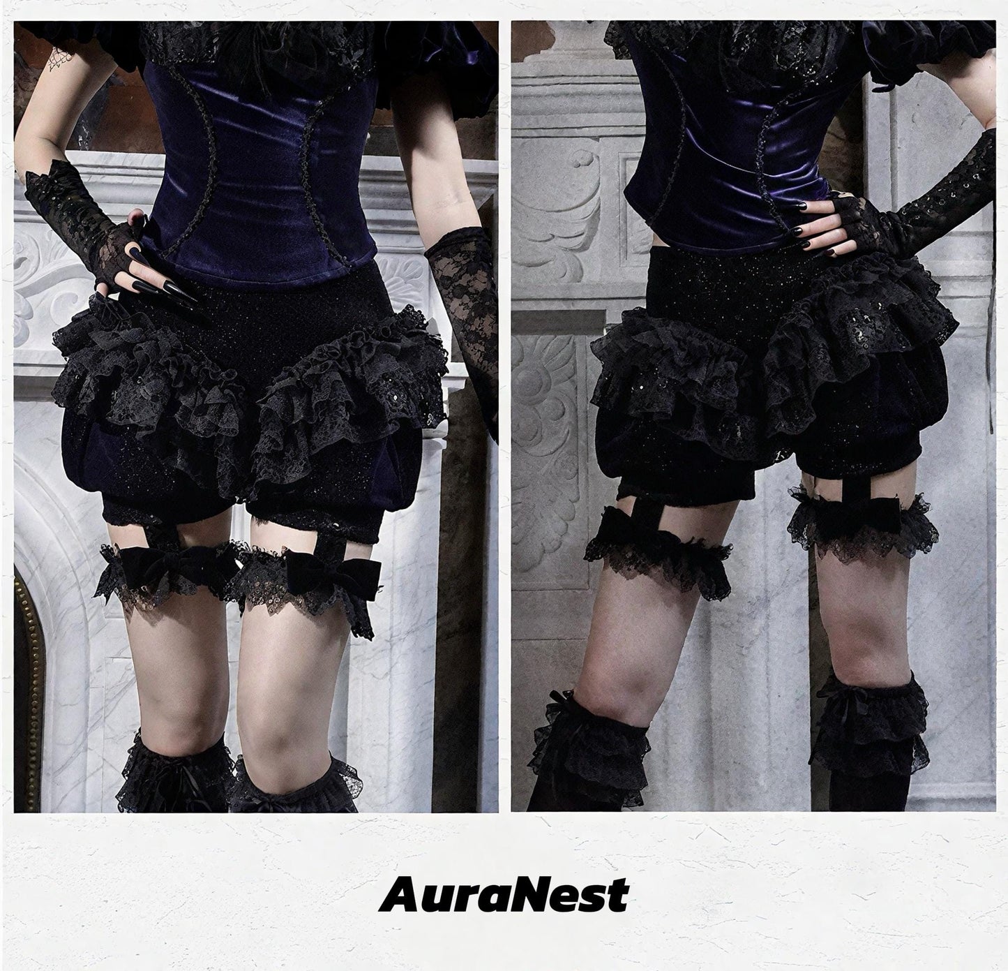 Nocturne Ruffle Bloomers | Gothic Lace Shorts with Detachable Garters, Victorian Baroque Ruffled Lingerie, Dark Romantic Outfit