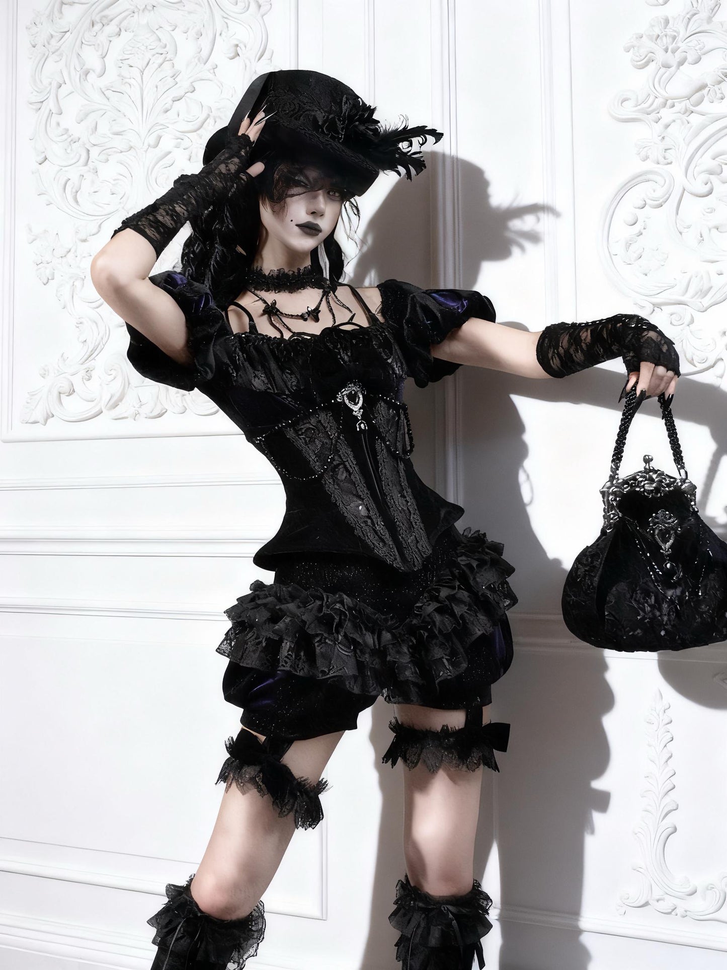 Victorian Gothic Wool Lace Top Hat, Victorian Steampunk Duke Hat with Embroidered Flowers & Feathers, Winter Gothic Costume Accessory