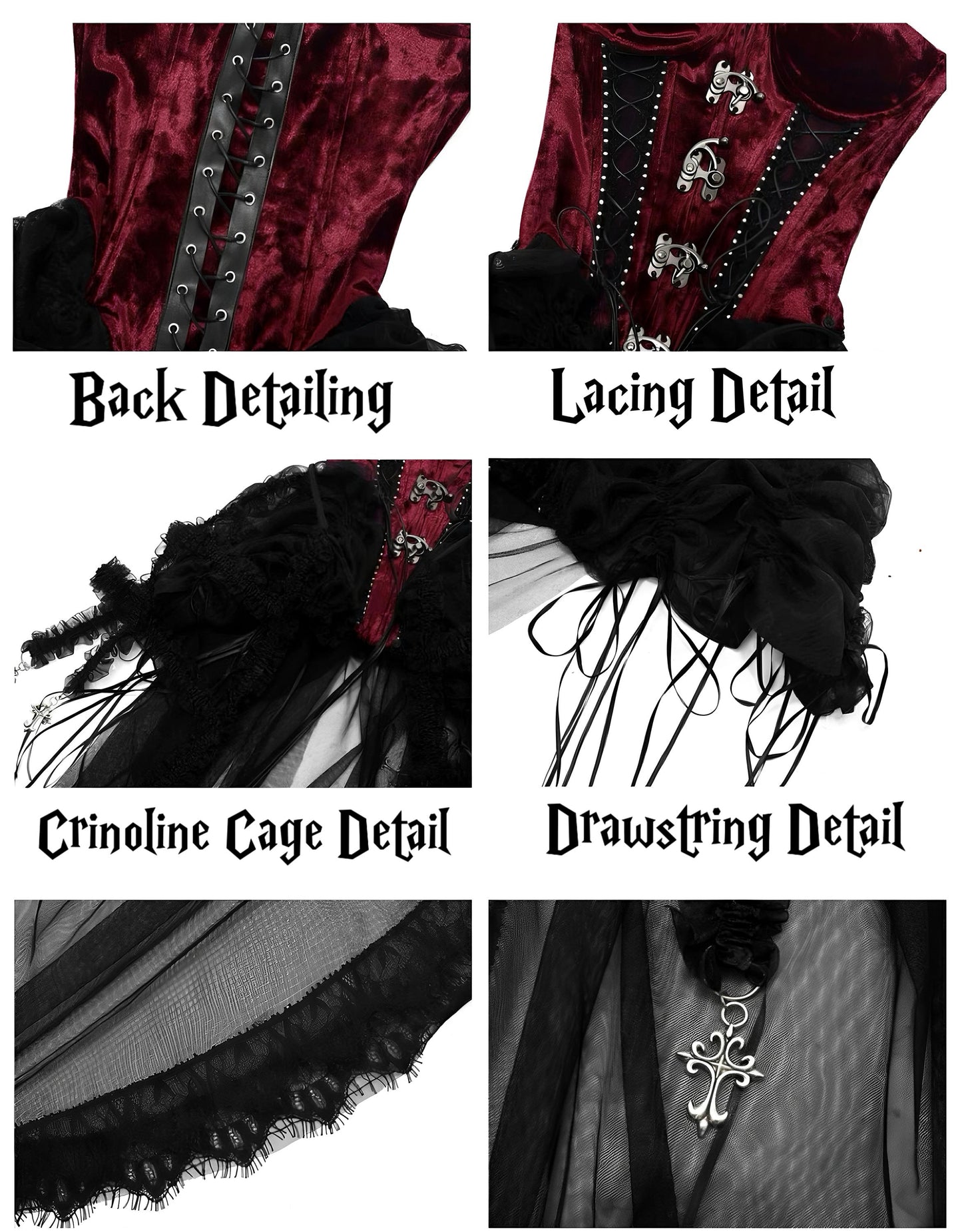 Medieval Countess Velvet Gothic Corset 3 Pieces Set, Red Velvet and Black Lace Cage Skirt,  Scarlet Alice, New Year Party, Coctail Dress
