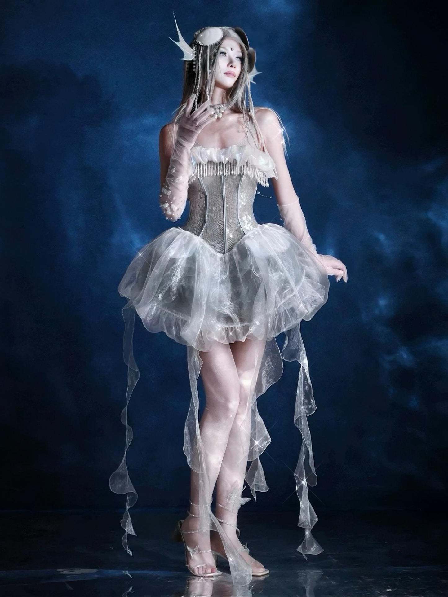 Ethereal Corset Dress with Detachable Jellyfish Skirt, Sheer Fairy Dress, Fantasy Rave Outfit, Gothic Romantic Look, Pastel Gothic