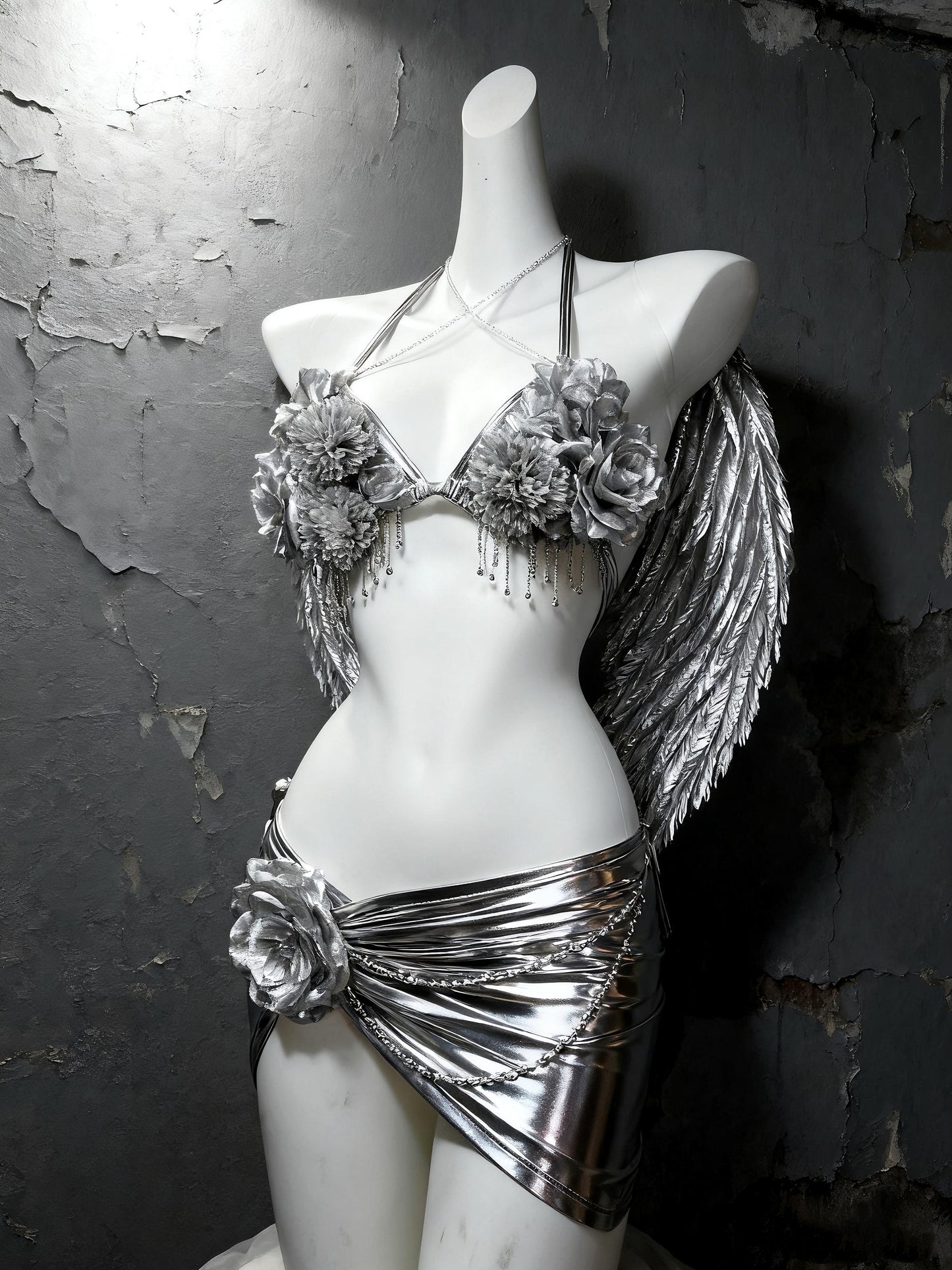 Chrome Angel Silver Rave Bikini Set with Wings, Futuristic Cyber Angel Festival Rave Outfit, 3 Piece Set, Fairy Cosplay Costume,  Ravewear.