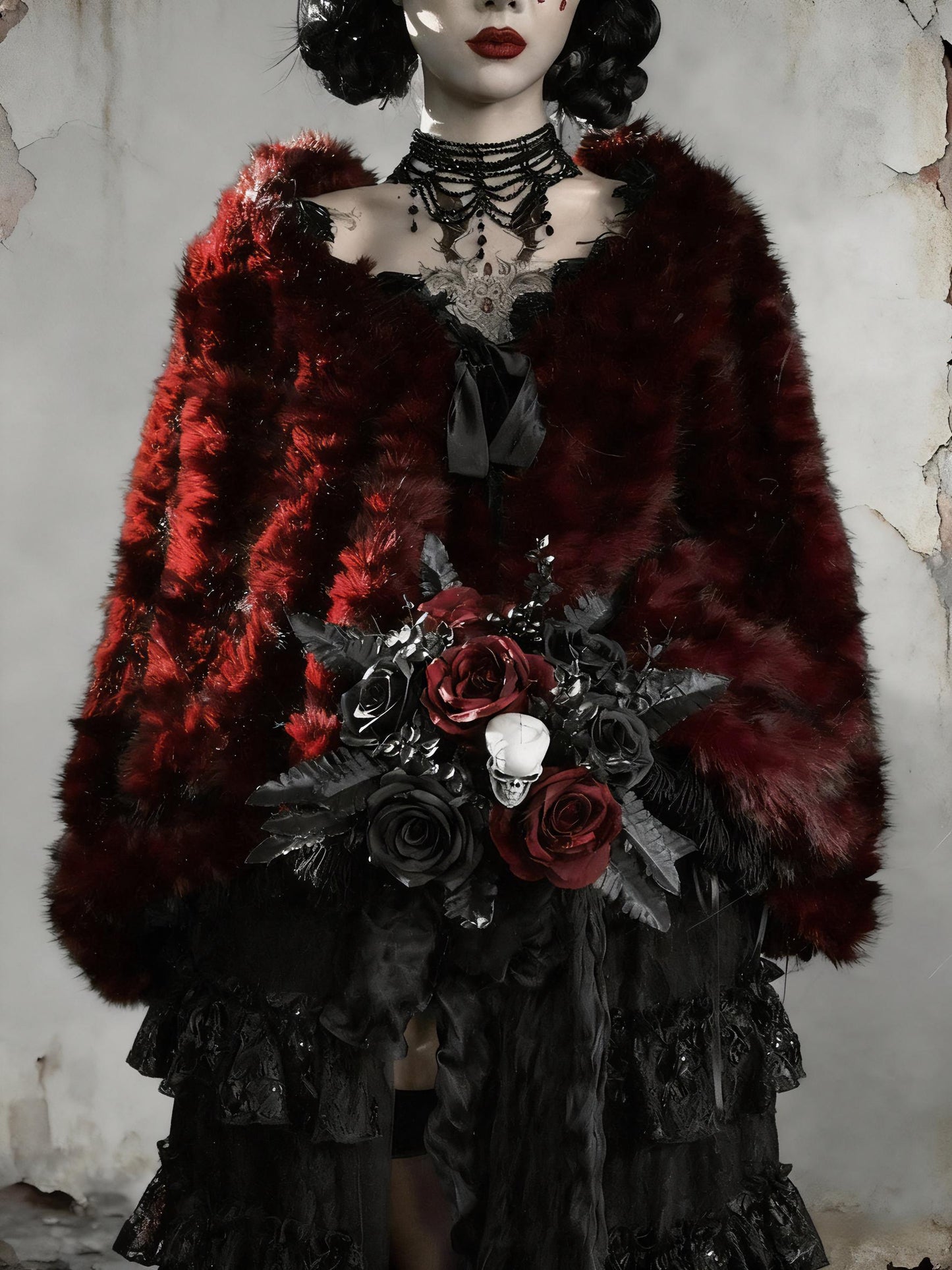 Crimson Duchess Faux Fur Shawl | Gothic Holiday Outwear, Vintage Red Wrap Coat for Christmas Party, Winter Ball & New Year Gala