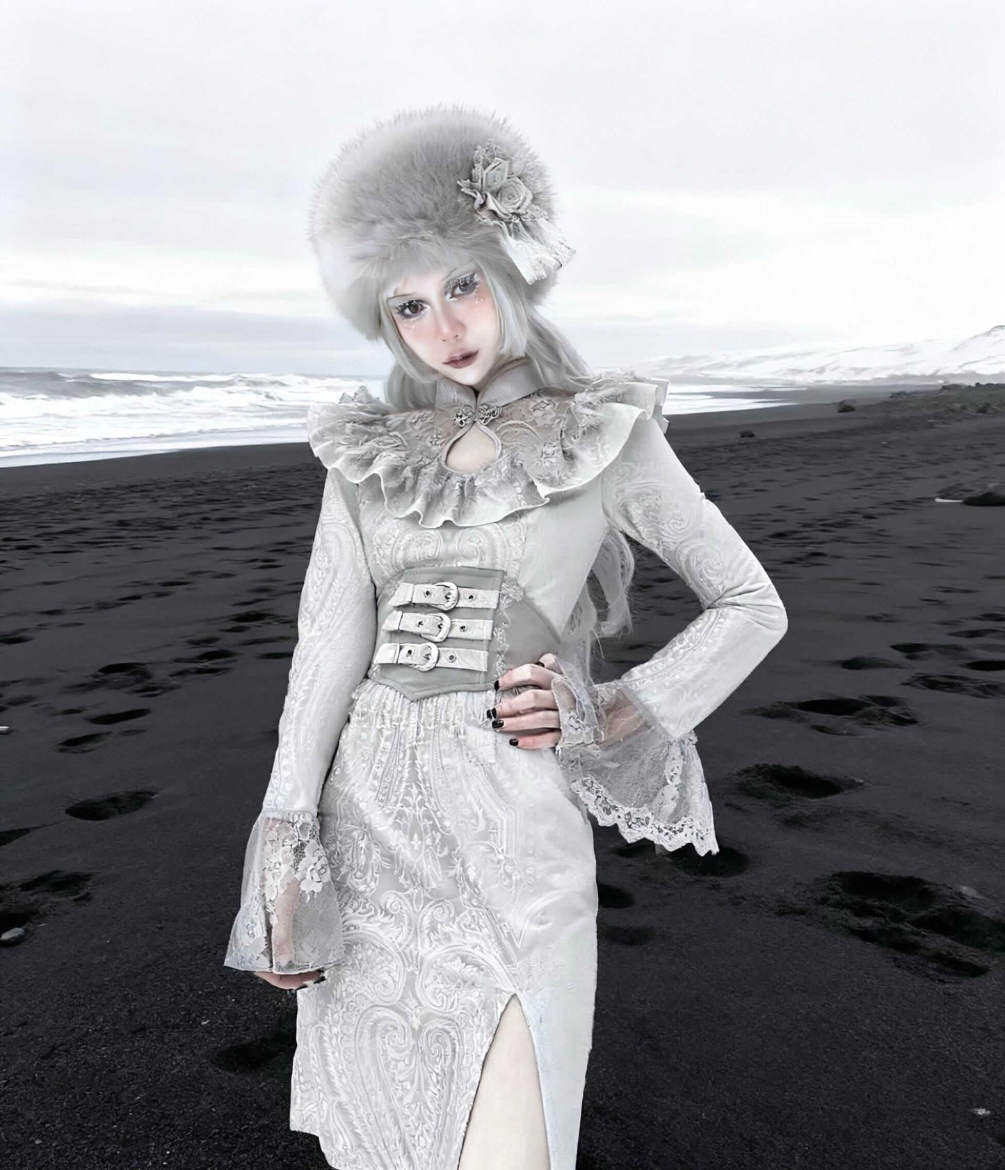 Lolita Gothic Faux Fur Winter Hat Soft Silver Grey