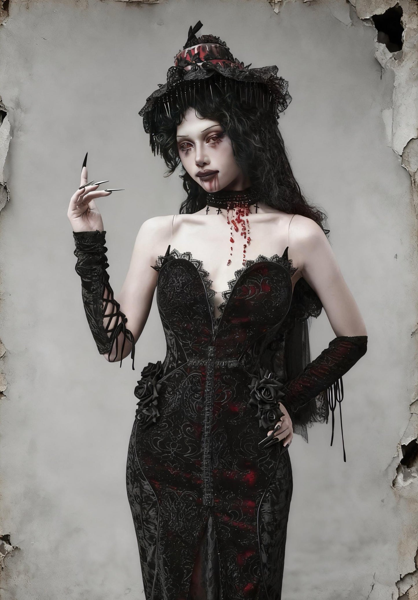 Scarlet Witch Gothic Mermaid Dress | Black Velvet Corset Gown, Dark Red Lace Evening Dress, Holiday Vampire Ball Outfit