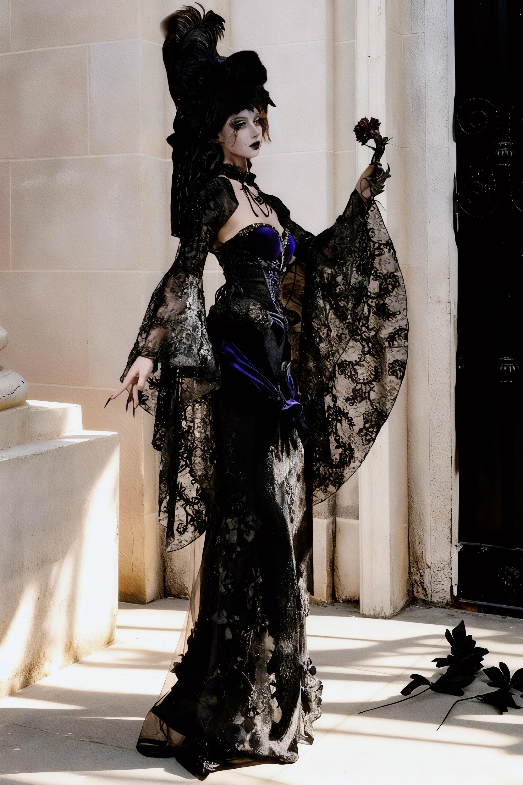 purple gothic corset dress side view flowing skirt silhouette