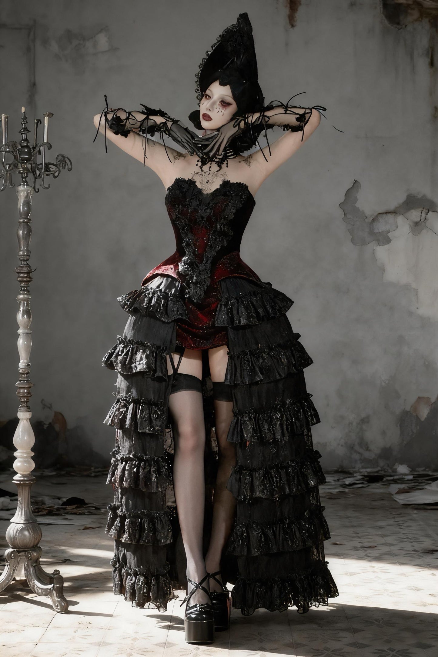 gothic velvet corset dress full body model red victorian gown styling