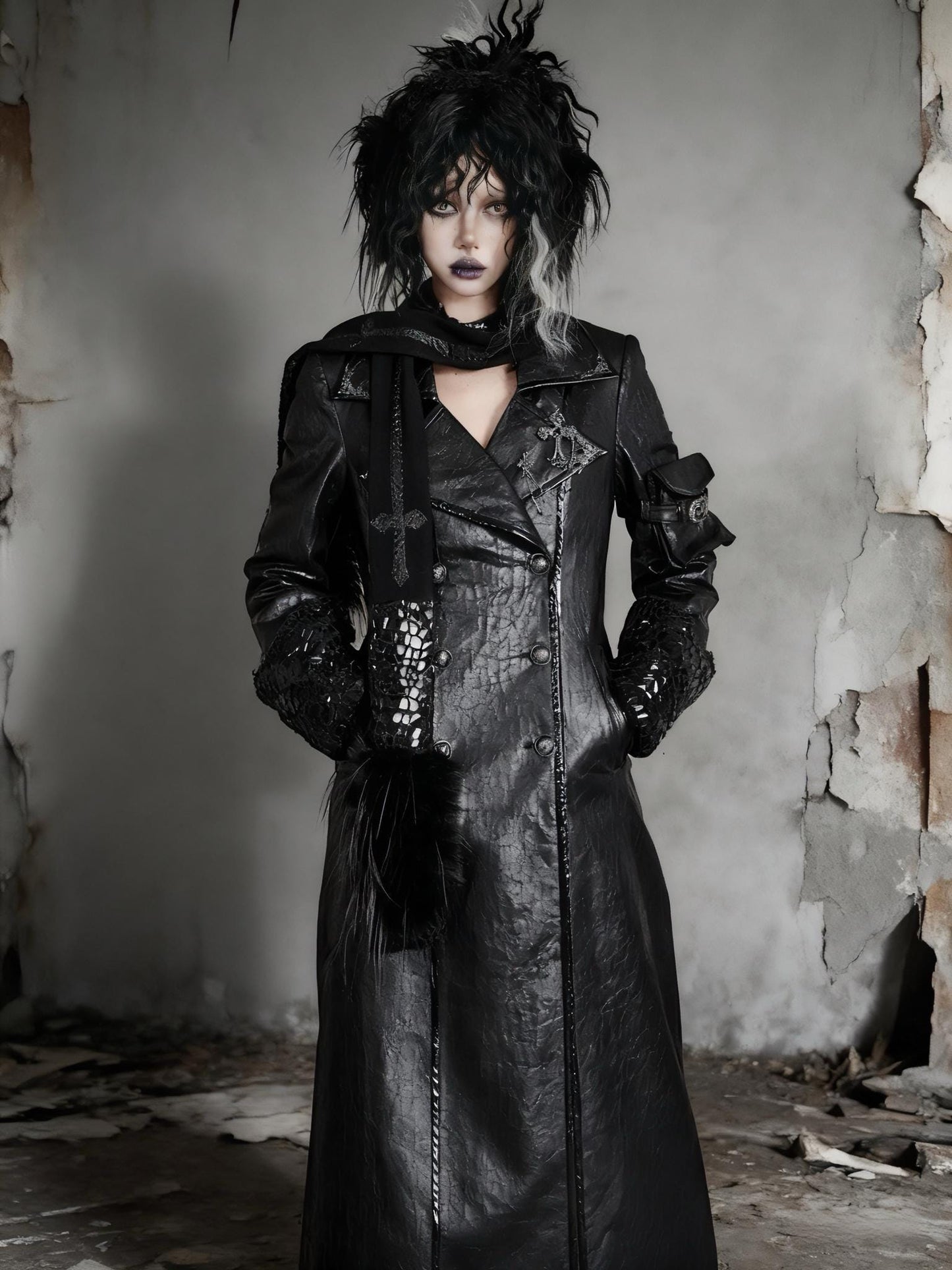 Gothic trench coat model wearing black long coat
