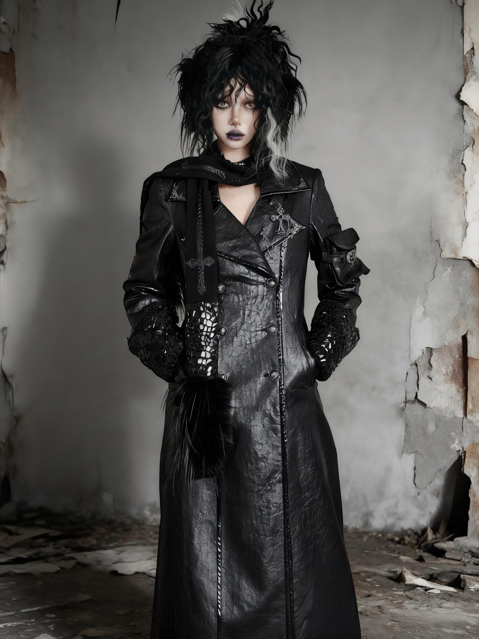 Gothic trench coat model wearing black long coat