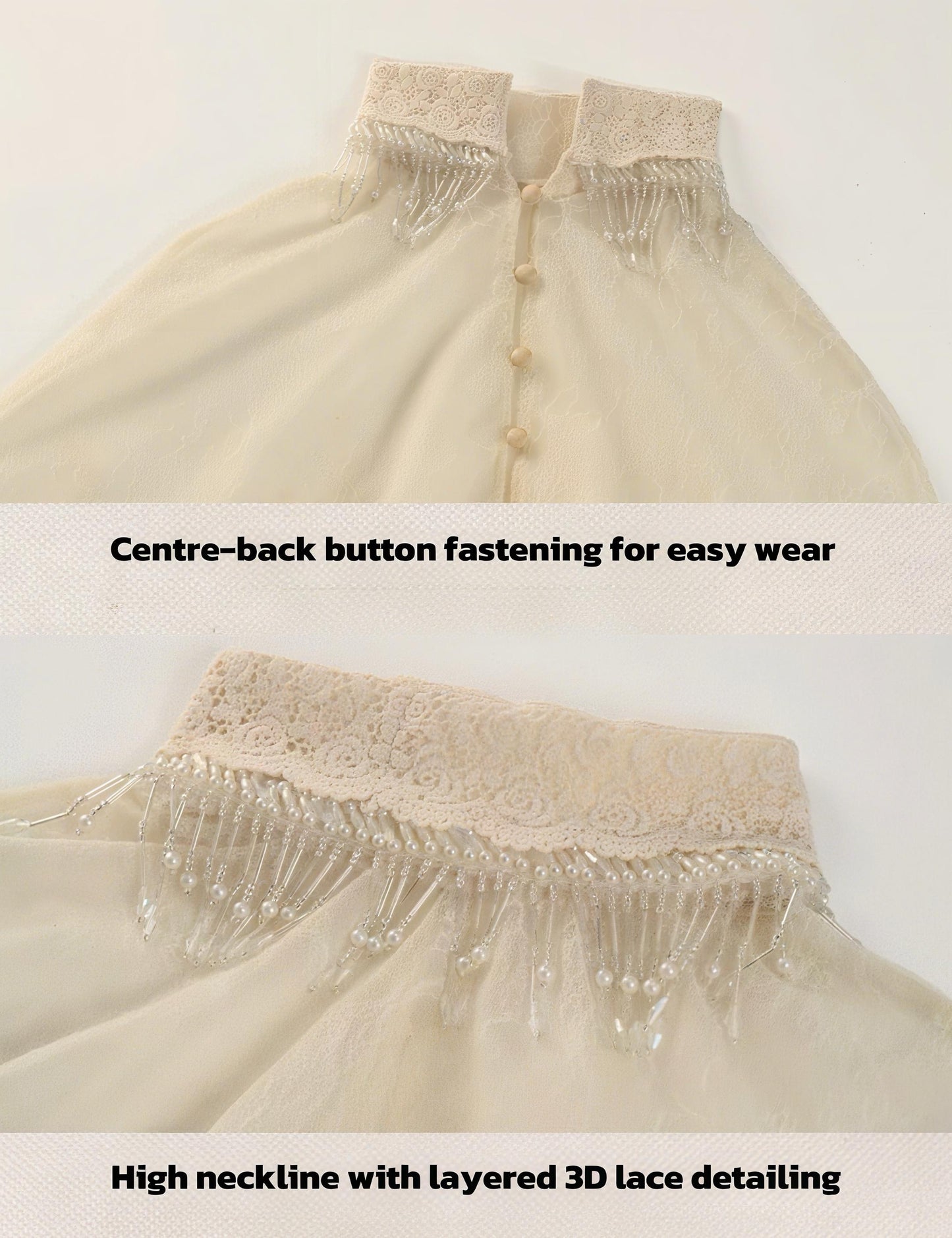 Victorian Lace Cape Top with Pearl Necklace, Sheer Gothic Lace Blouse, Antique Style Beaded Necklace, Romantic Gothic Layering Piece