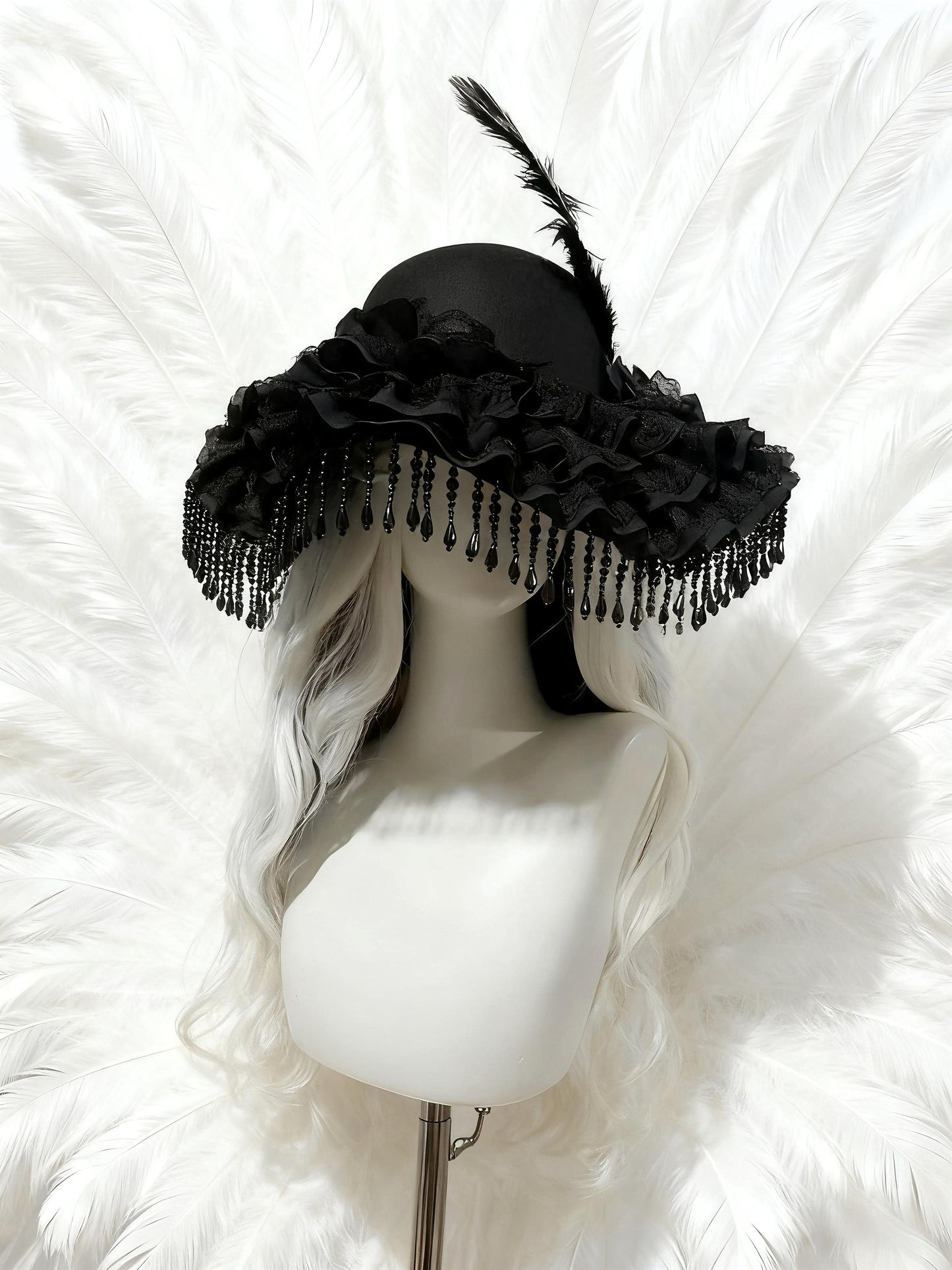 Manor Mistress Gothic Hat – Black Wool Felt Victorian Feather Hat, Baroque Lace Ruffle Bonnet with Beaded Fringe, Vampire Costume Accessory