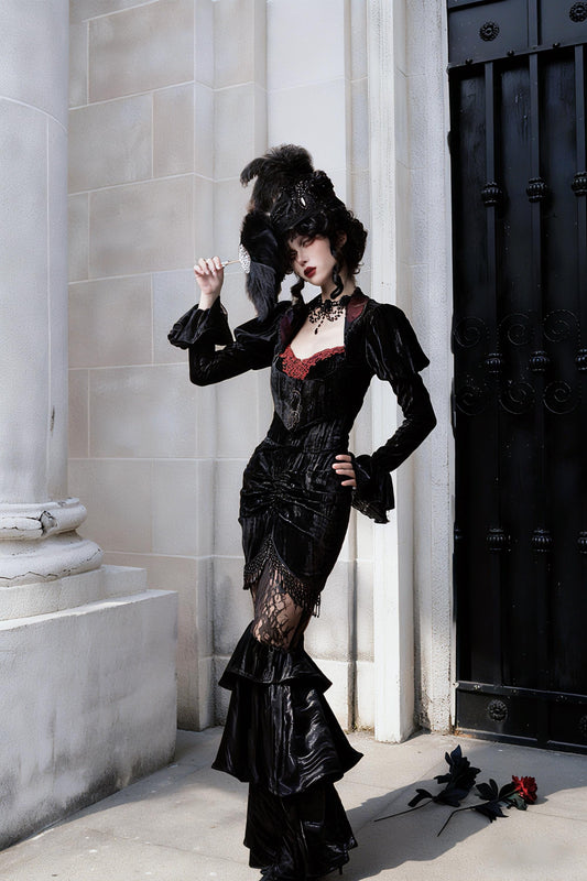 Black Red Gothic Velvet Blouse and Beaded Mermaid Skirt Set, Victorian Holiday Outfit, Dark Aristocrat, Christmas/New Year Costume