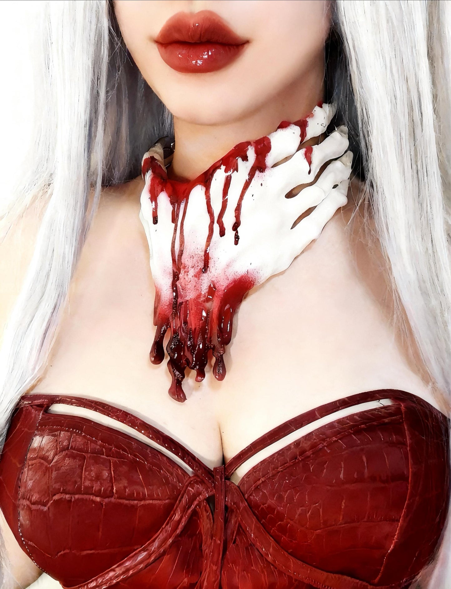 Gothic Skeleton Hand Necklace – 3D Printed Resin Statement Choker with Alloy Chain, Dripping Blood White or Black, Horror Art Jewelry, Rave