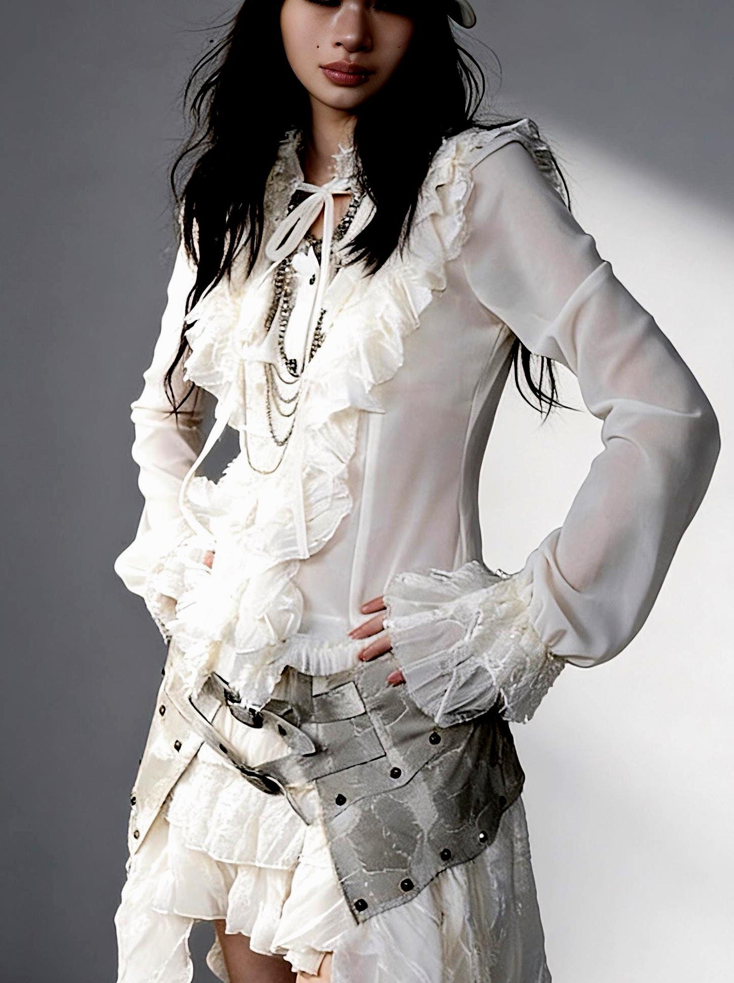 Victorian Gothic Chiffon Blouse with Ruffles, High Neck Lace Shirt, Sheer Romantic Palace Style Top, Dark Elegance Gift for Her