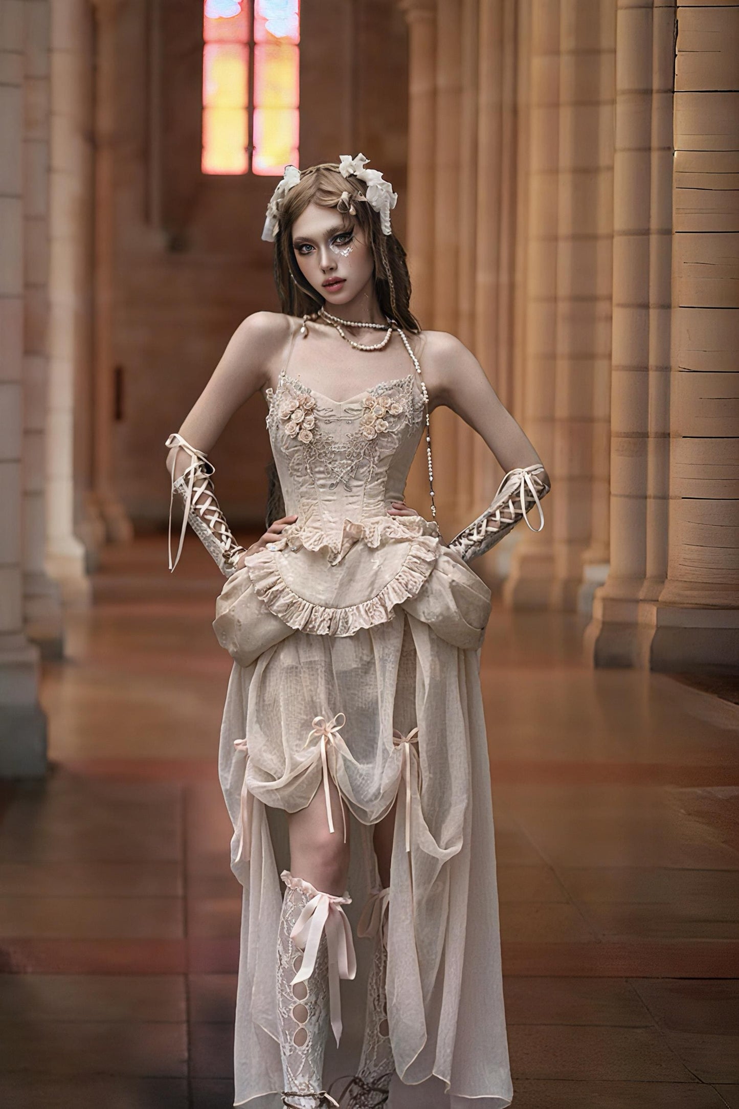 Rococo Blush Garden Corset | 3D Rose Lace Bodice, Fairycore Apron Peplum, Bridal fantasy themes, Xmas & New Year Outfit, Baroque Party Dress