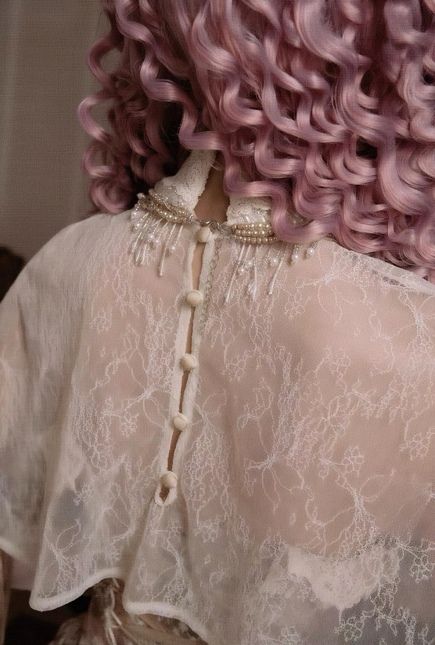 Victorian Lace Cape Top with Pearl Necklace, Sheer Gothic Lace Blouse, Antique Style Beaded Necklace, Romantic Gothic Layering Piece