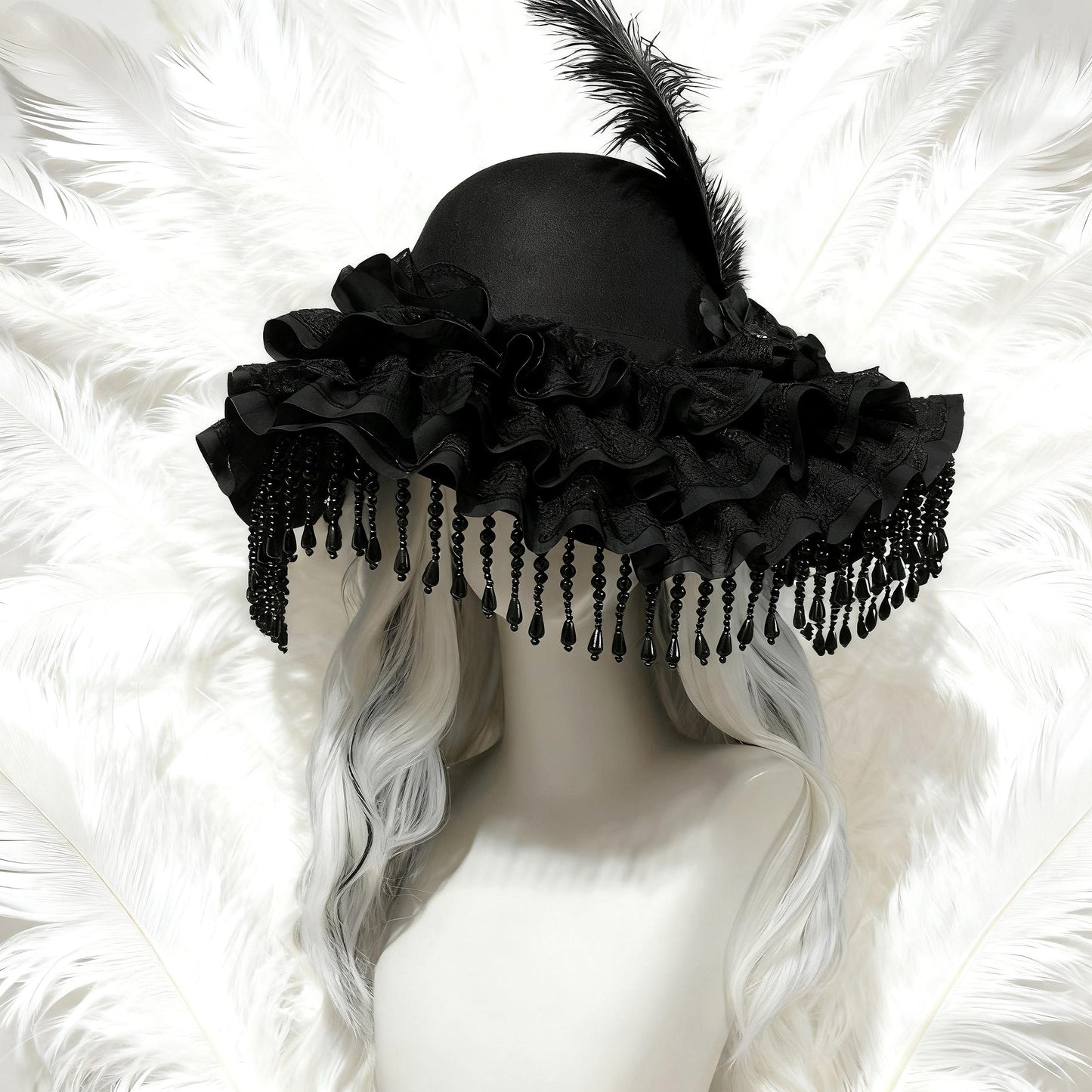 Manor Mistress Gothic Hat – Black Wool Felt Victorian Feather Hat, Baroque Lace Ruffle Bonnet with Beaded Fringe, Vampire Costume Accessory