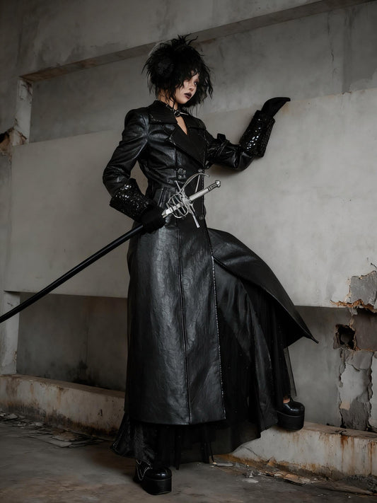 Gothic Black Trench Coat | Double Breasted Vegan Leather Overcoat with Fleece Lining, Steampunk Witch Outerwear, Punk Coat