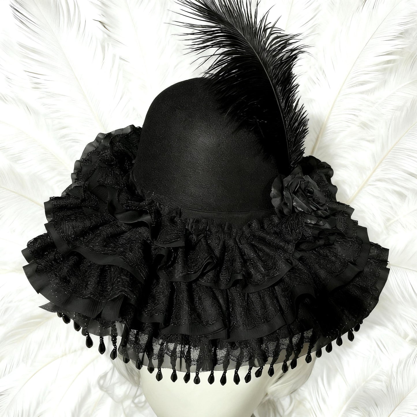 Manor Mistress Gothic Hat – Black Wool Felt Victorian Feather Hat, Baroque Lace Ruffle Bonnet with Beaded Fringe, Vampire Costume Accessory