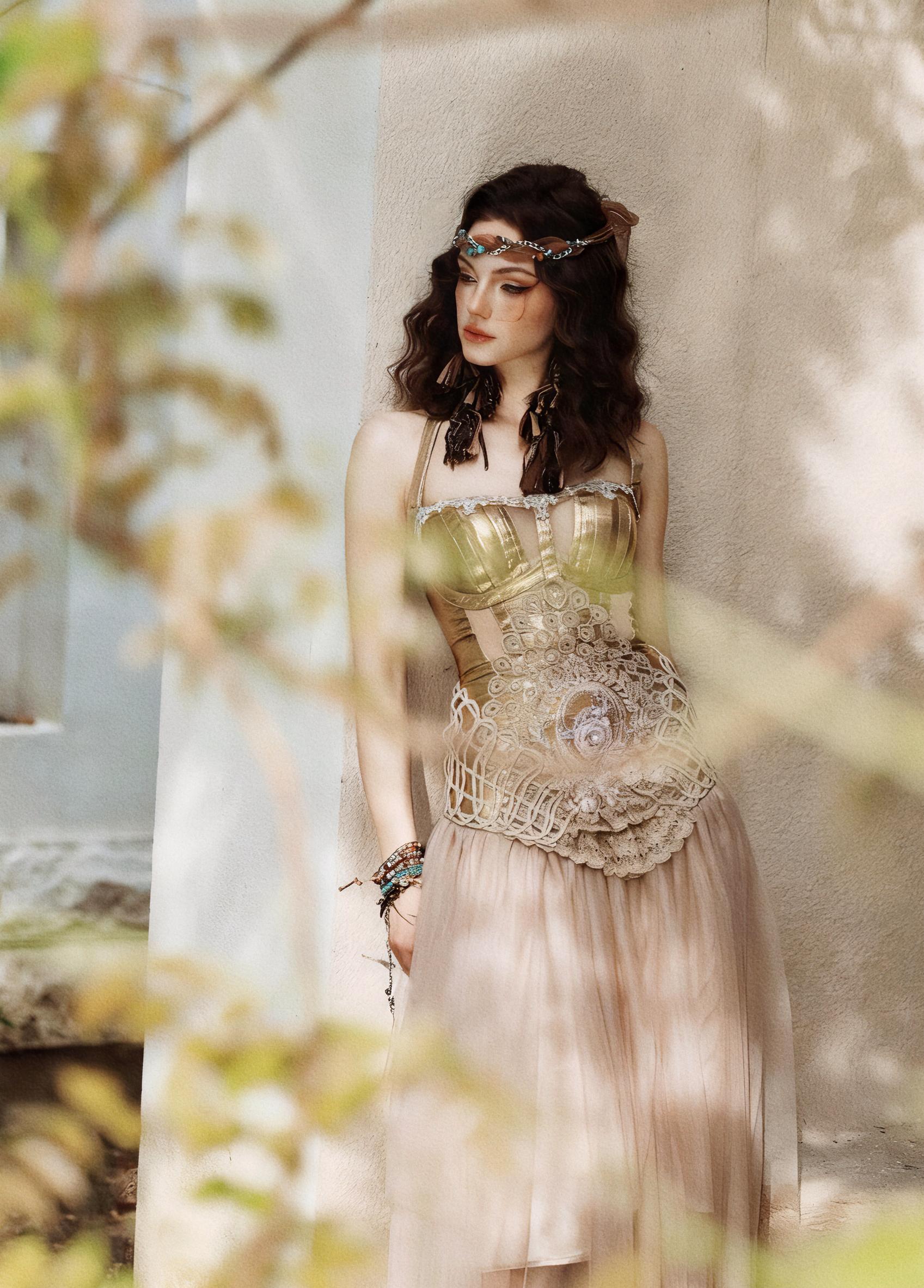 fairycore corset dress full body standing elegant tulle gown look