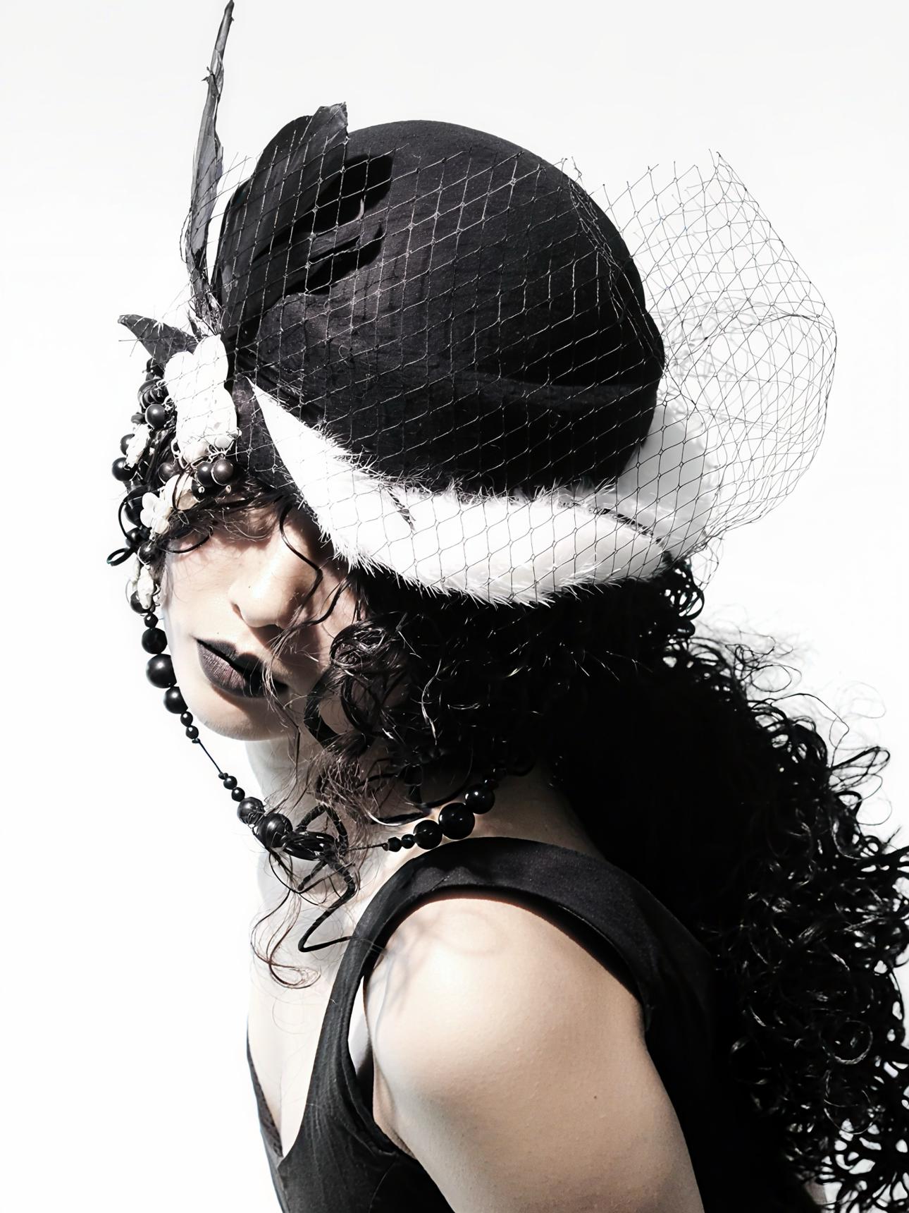 Gothic Wool Veil Hat Fascinator, Ceramic Flower, Feathers, Beaded Drape, Chrisman Victorian Dark Couture, Gift for her