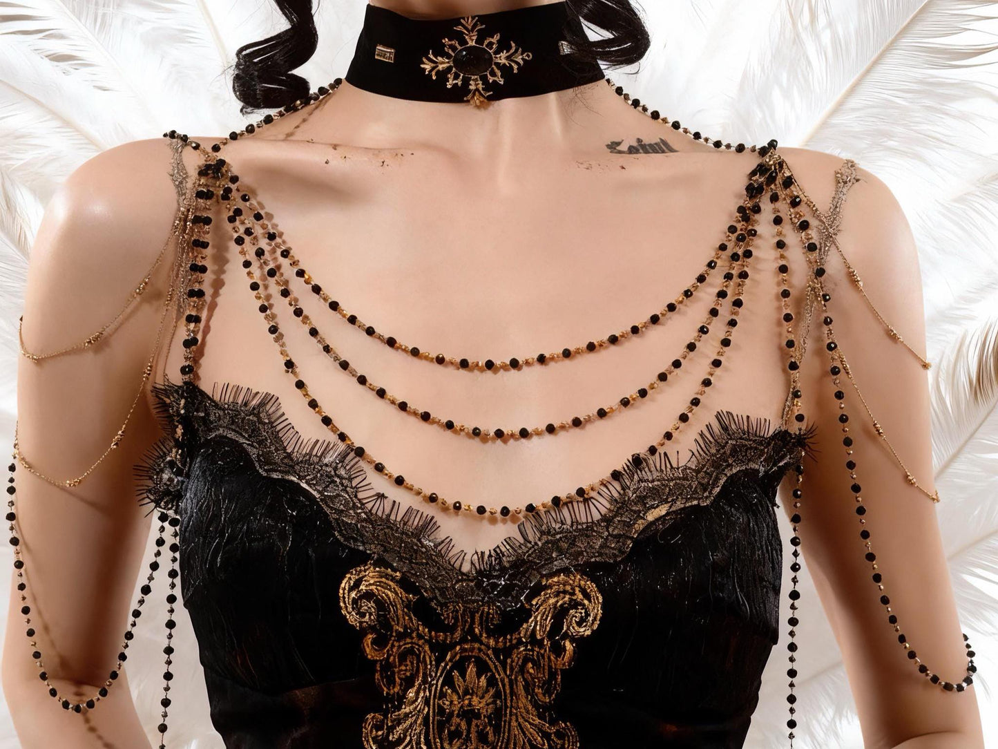 Gothic Velvet Choker with Beaded Shoulder Chains – Multi-Layer Crystal Draped Necklace, Baroque Victorian Statement Jewelry