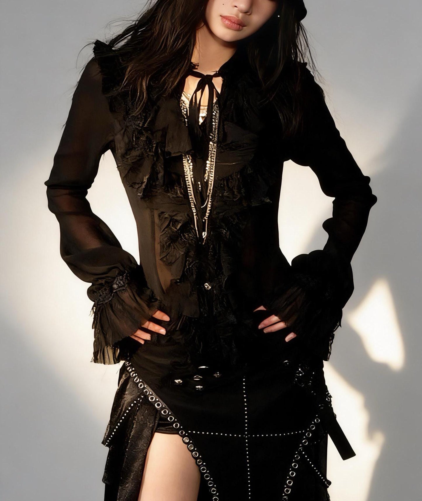 Victorian Gothic Chiffon Blouse with Ruffles, High Neck Lace Shirt, Sheer Romantic Palace Style Top, Dark Elegance Gift for Her