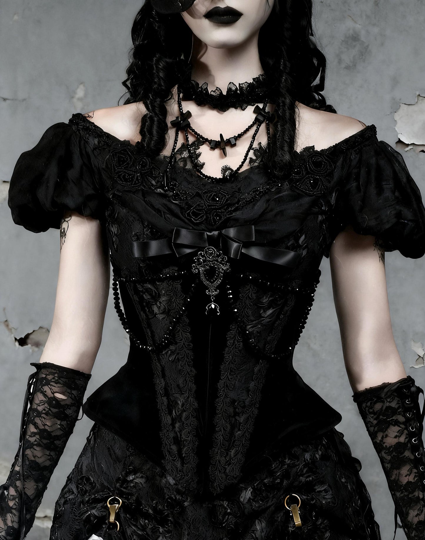 gothic corset dress close up bodice lace embroidery detail
