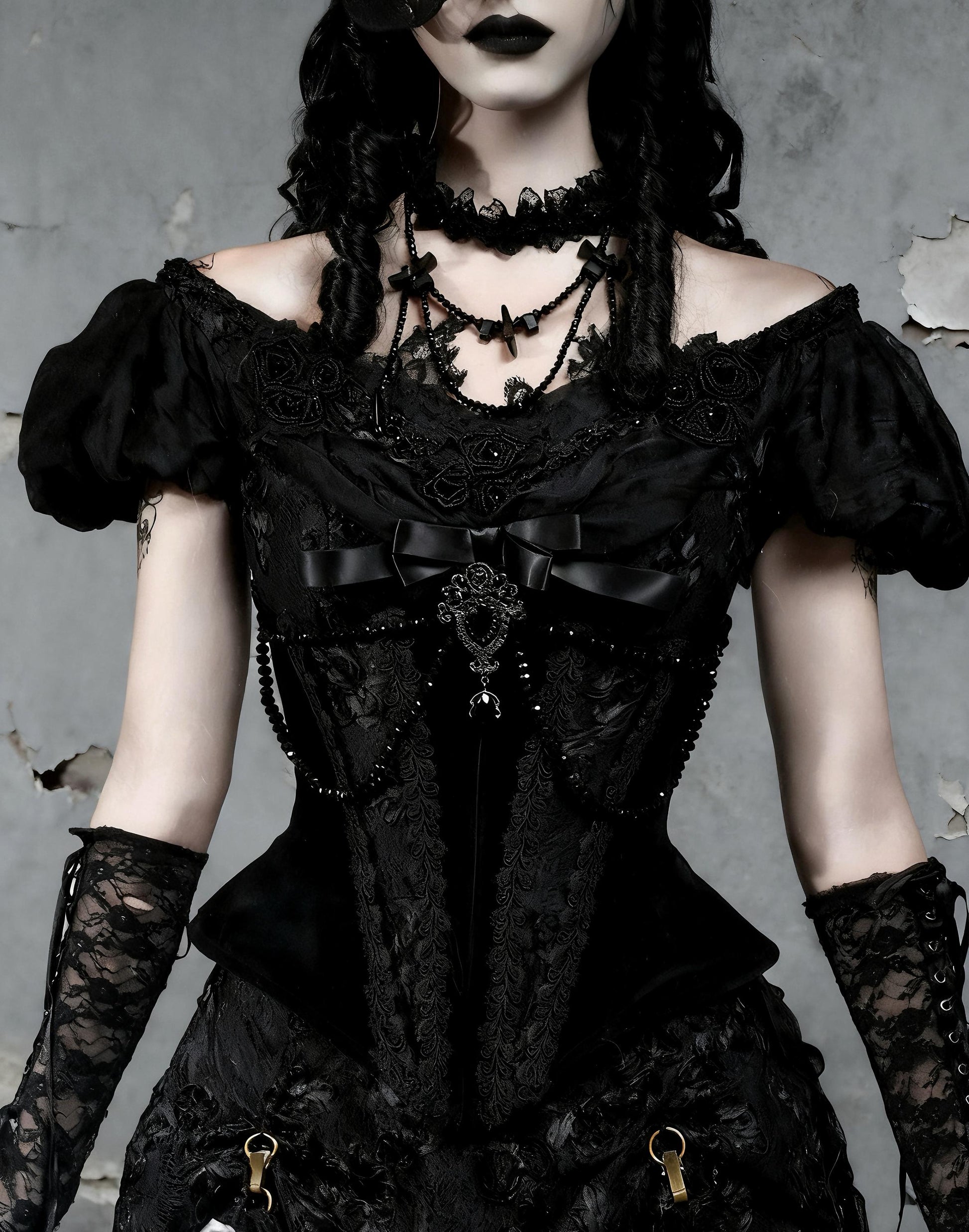 gothic corset dress close up bodice lace embroidery detail